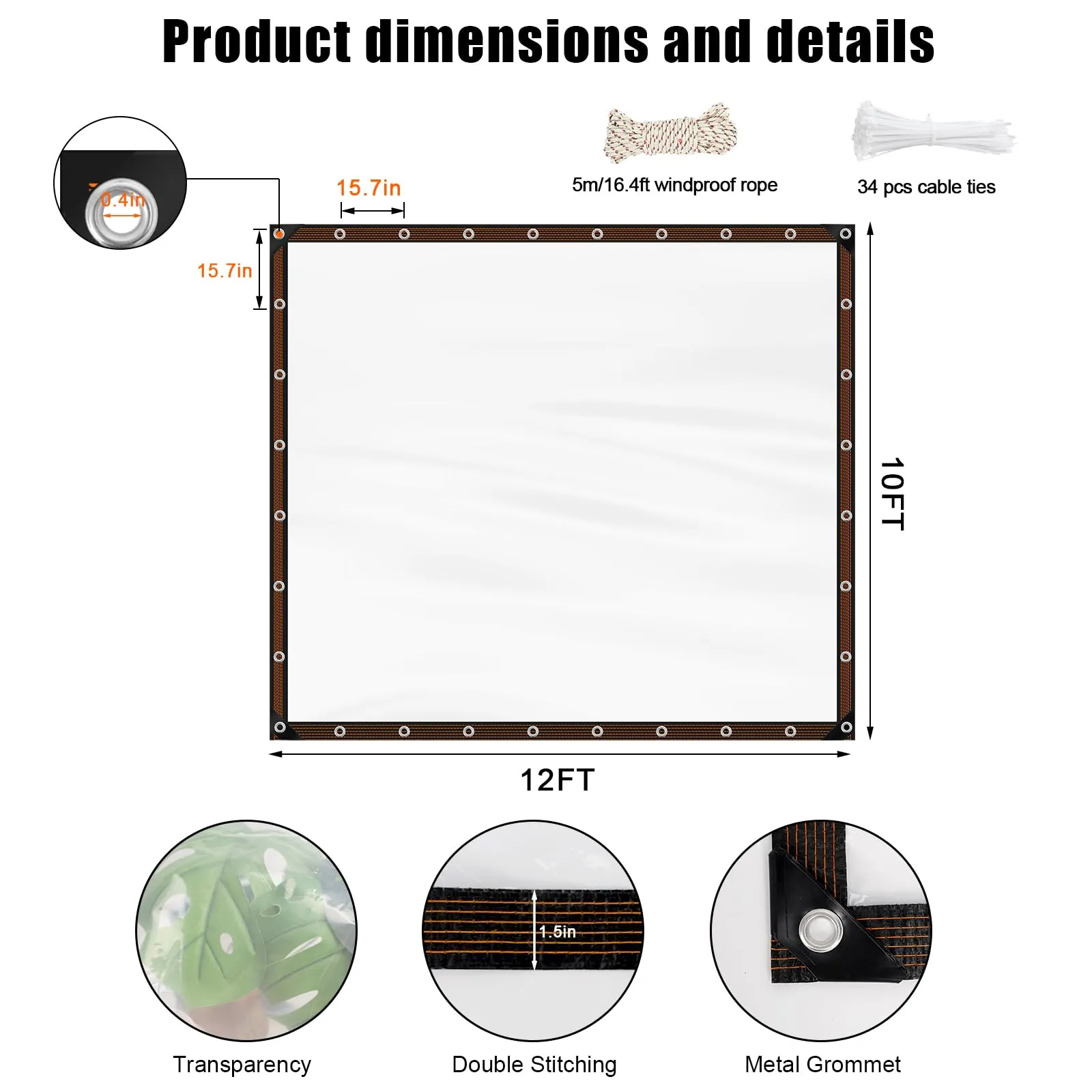 10x12FT Outdoor Clear Tarps with Grommets Vinyl Insulation Shed Cloth,Thicken Clear Waterproof Tarpaulin Transparent Tarp,Heavy Duty Clear Plastic Tarps with Rope for Garden Plant Opening Storage