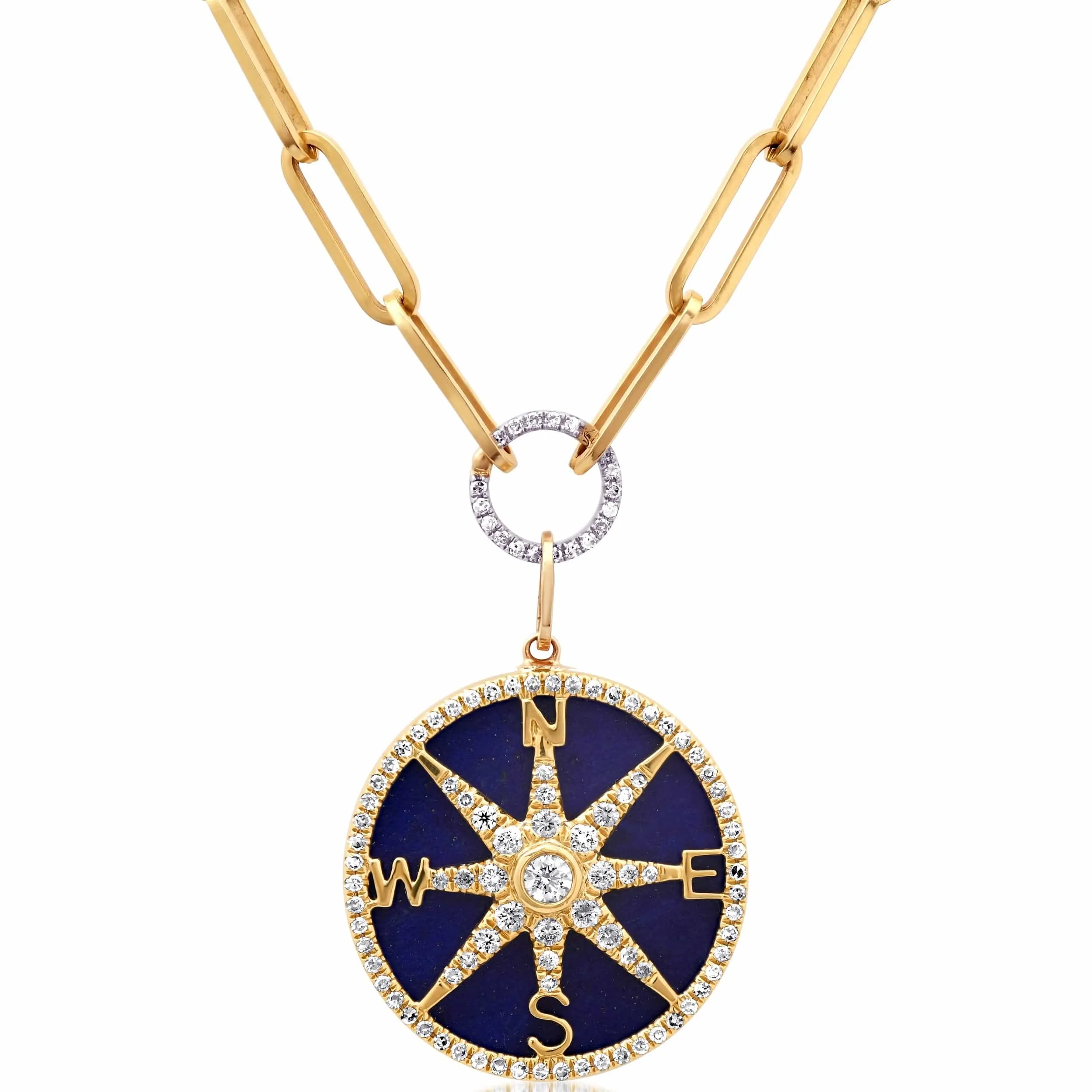 14K Gold Lapis and Pave Diamond Compass Charm, Full Diamonds