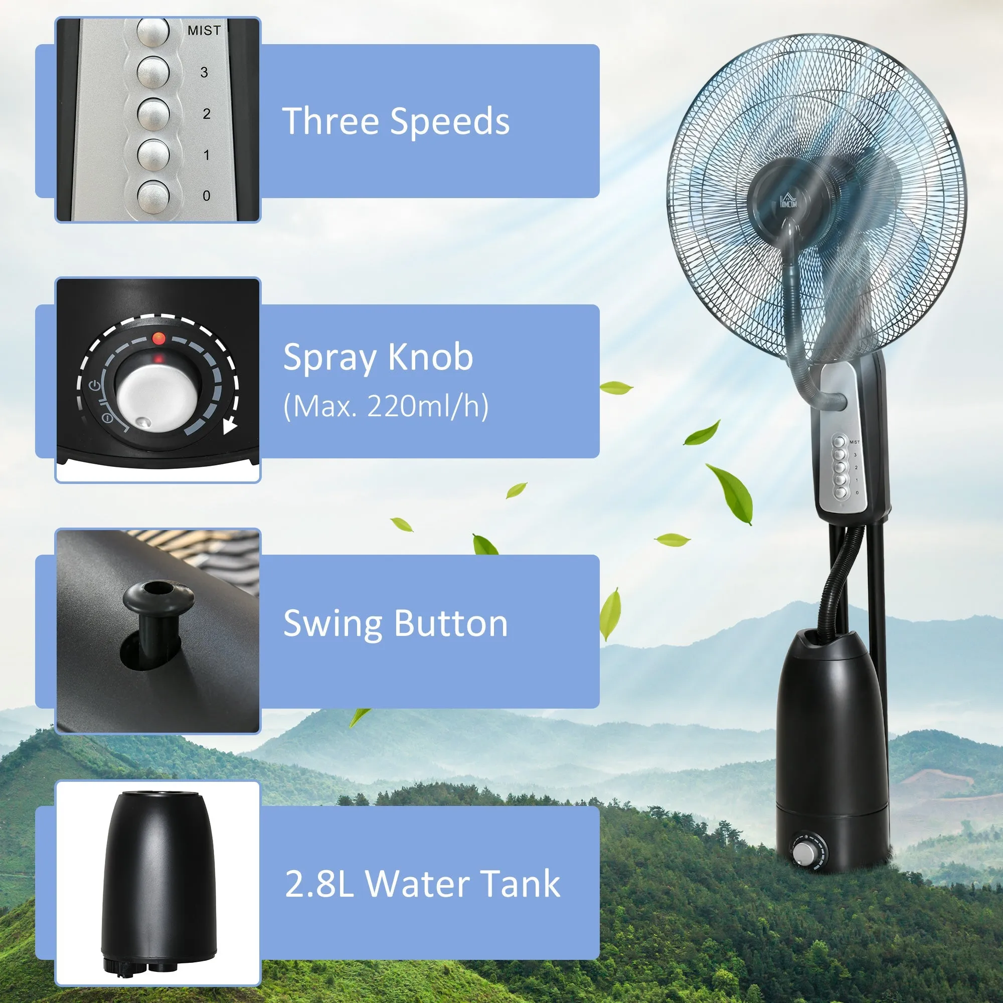 2.8 Litre Water Mist Fan with 3 Speeds - Black