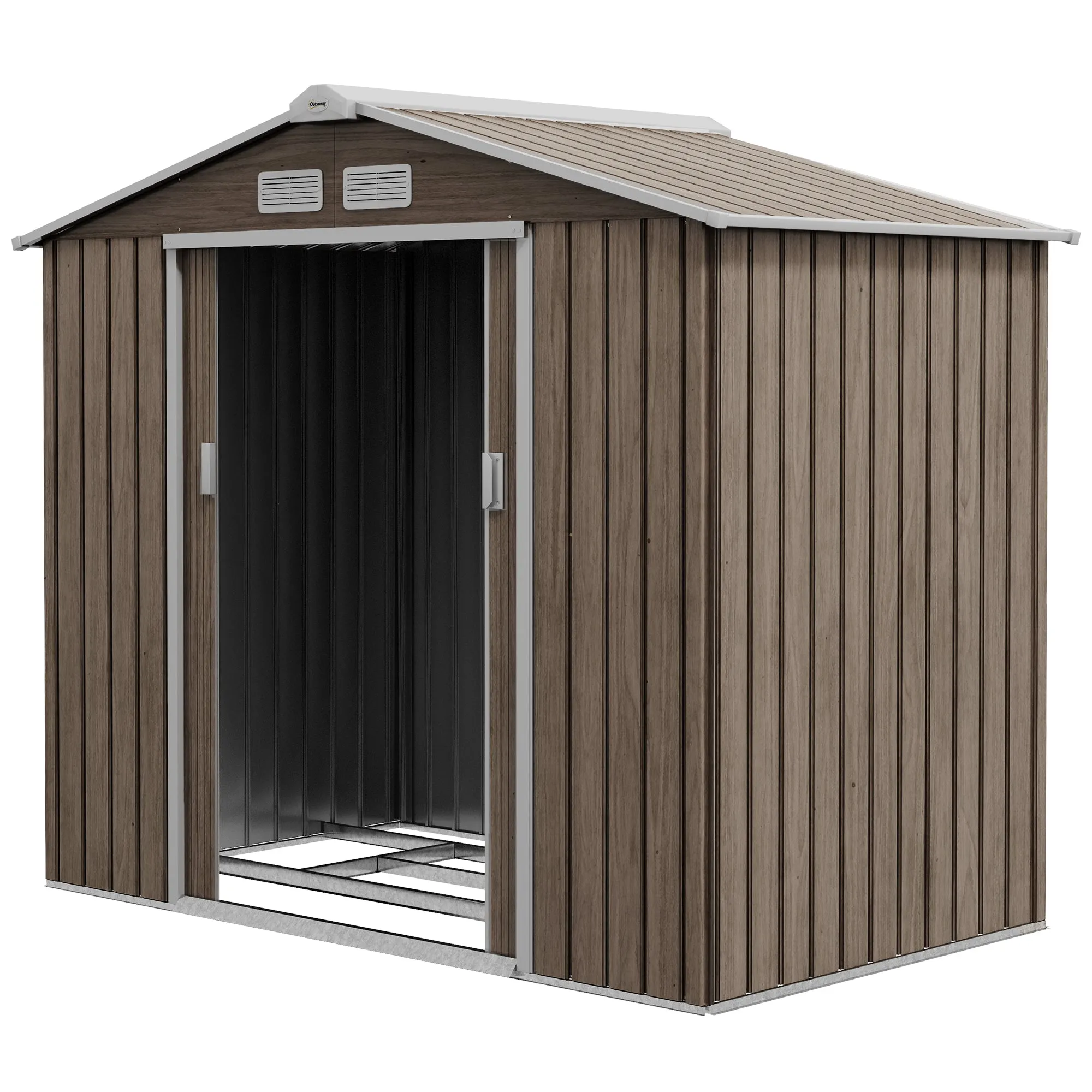 7 x 4ft Metal Garden Storage Shed with Vents, Floor Foundation and Lockable Double Doors, Brown