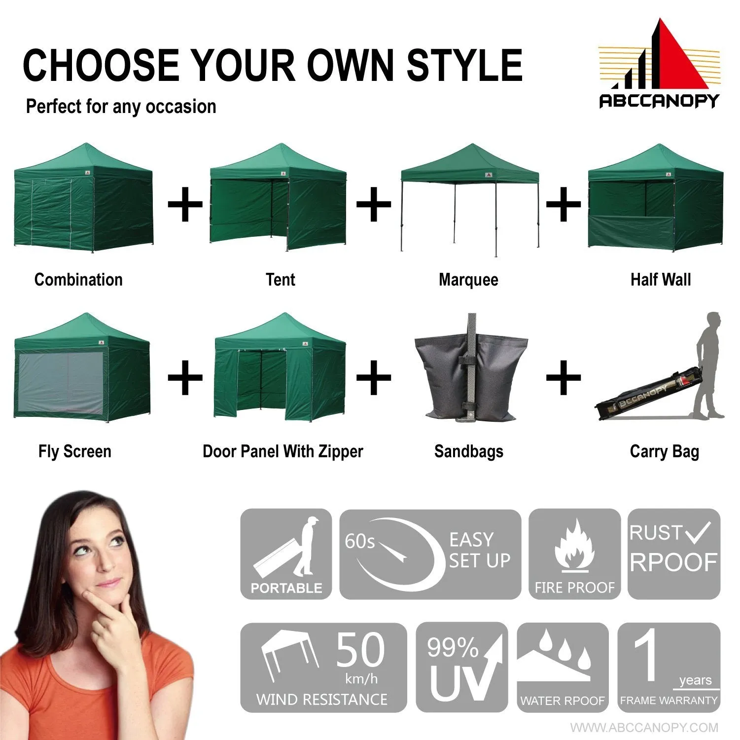 ABCCANOPY Tents Canopy Tent 10 x 10 Pop Up Canopies Commercial Tents Market stall with 6 Removable Sidewalls and Roller Bag Bonus 4 Weight Bags and 10ft Screen Netting and Half Wall,Forest Green