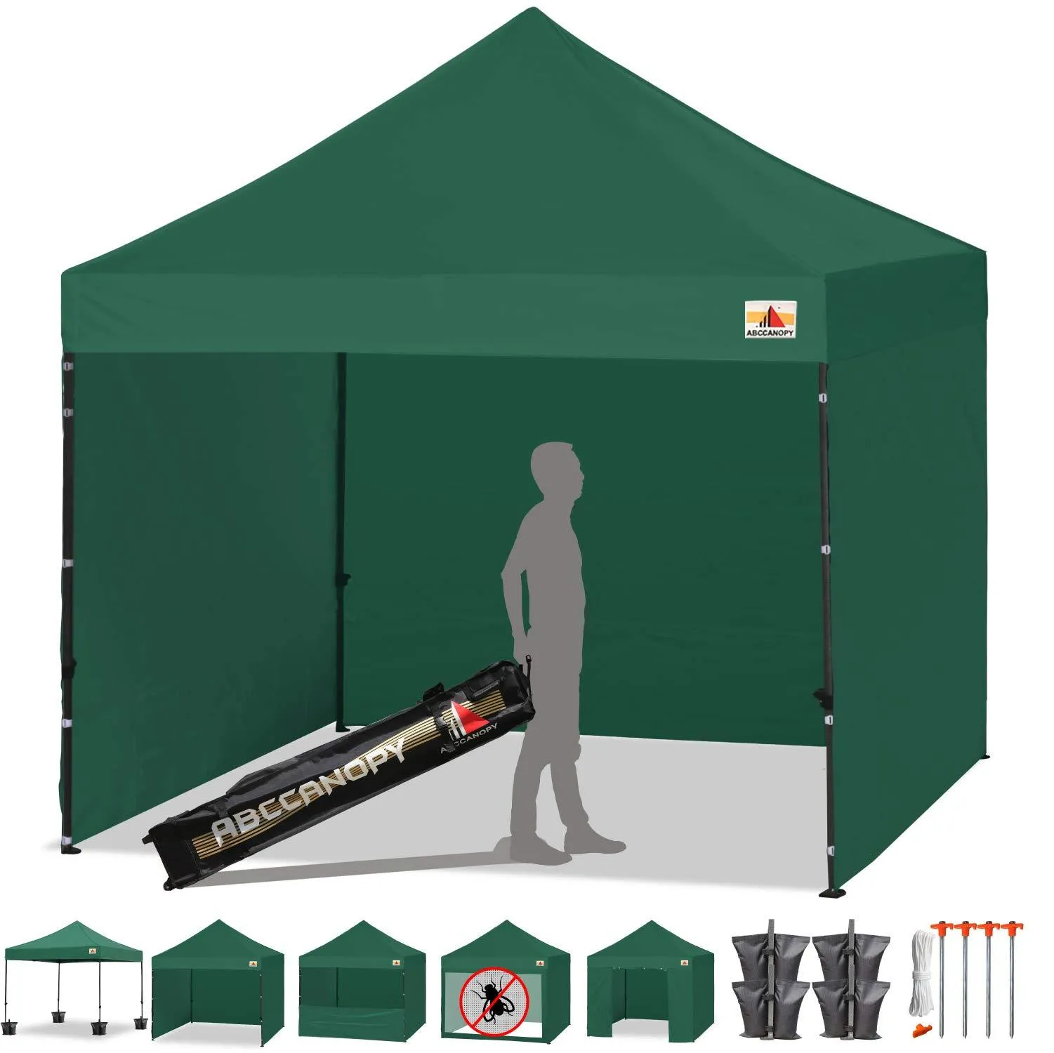 ABCCANOPY Tents Canopy Tent 10 x 10 Pop Up Canopies Commercial Tents Market stall with 6 Removable Sidewalls and Roller Bag Bonus 4 Weight Bags and 10ft Screen Netting and Half Wall,Forest Green