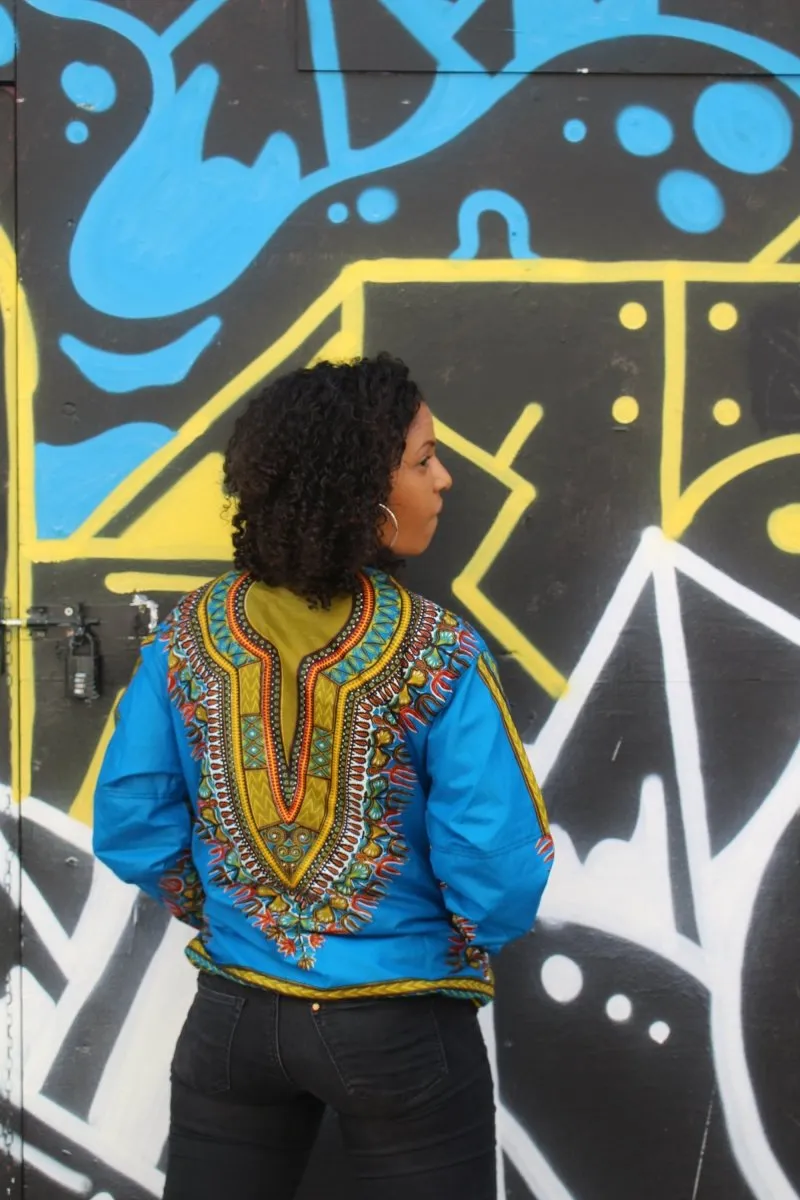 African Bomber Jacket in Blue Dashiki Print- Festival Clothing