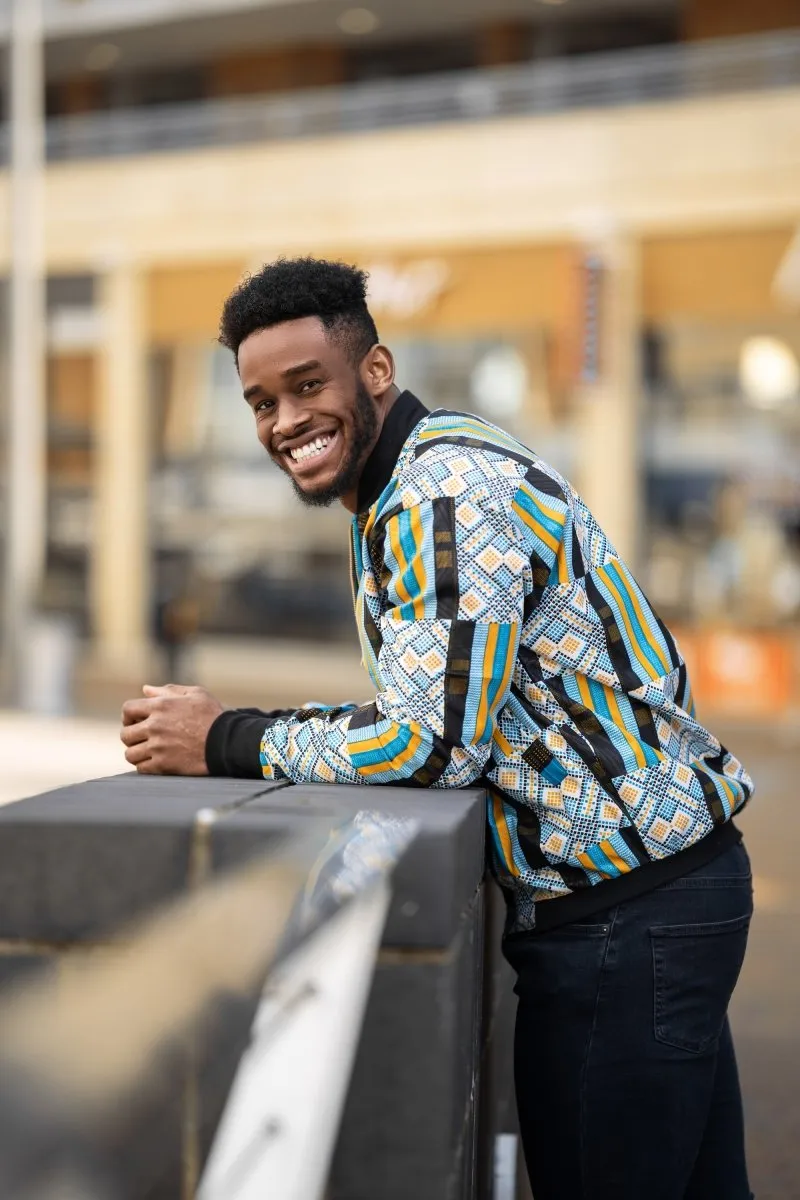 African Bomber Jacket In Brilliant Blue Kente