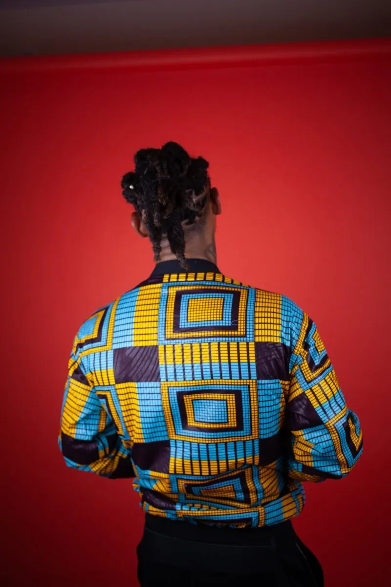 African Bomber Jacket In Electric Blue Kente Print