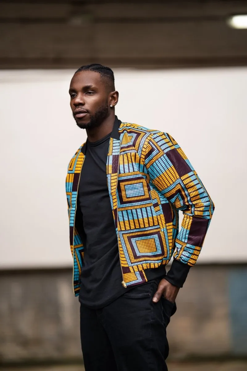 African Bomber Jacket In Electric Blue Kente Print