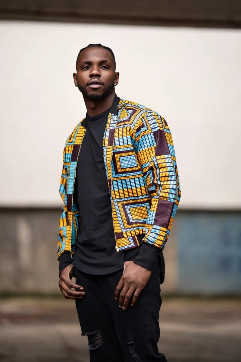 African Bomber Jacket In Electric Blue Kente Print