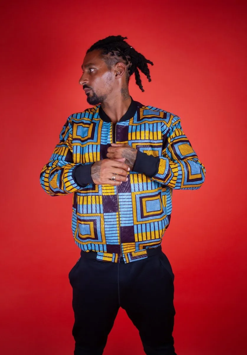 African Bomber Jacket In Electric Blue Kente Print