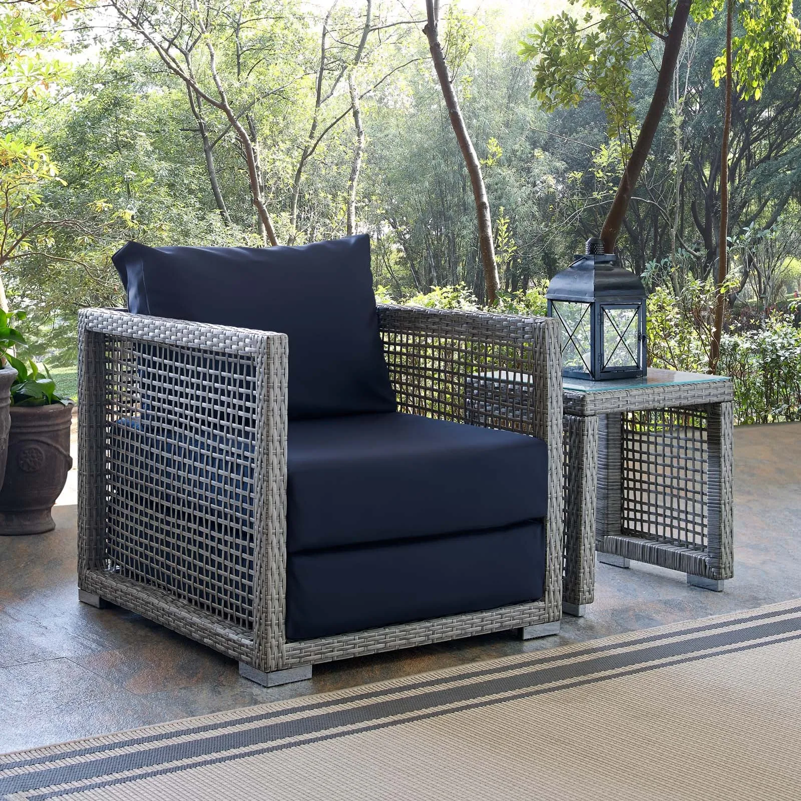 Aura Rattan Outdoor Patio Armchair Gray Navy EEI-2918-GRY-NAV