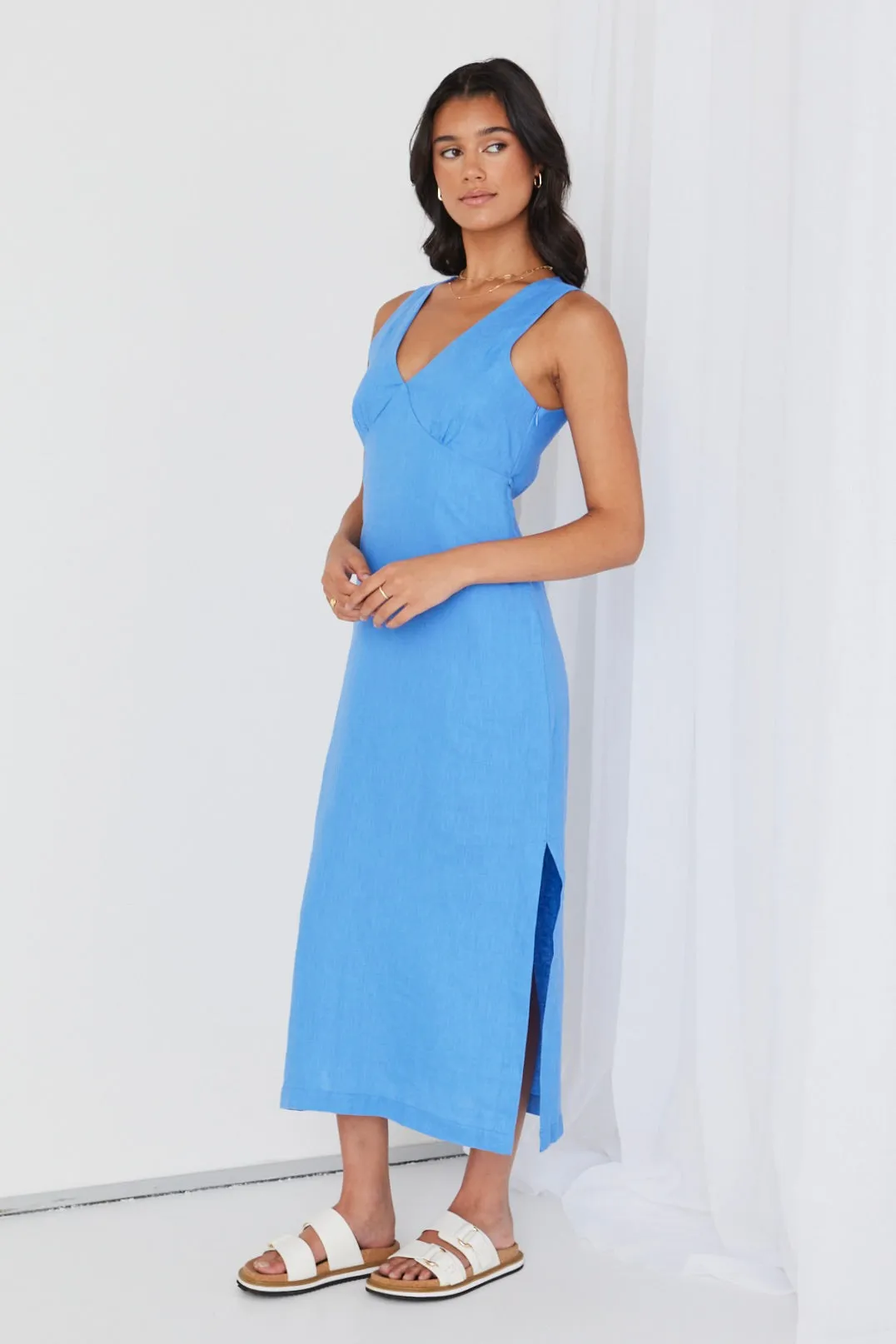 Azalea Cornflower Linen Sleeveless Empire Midi Dress