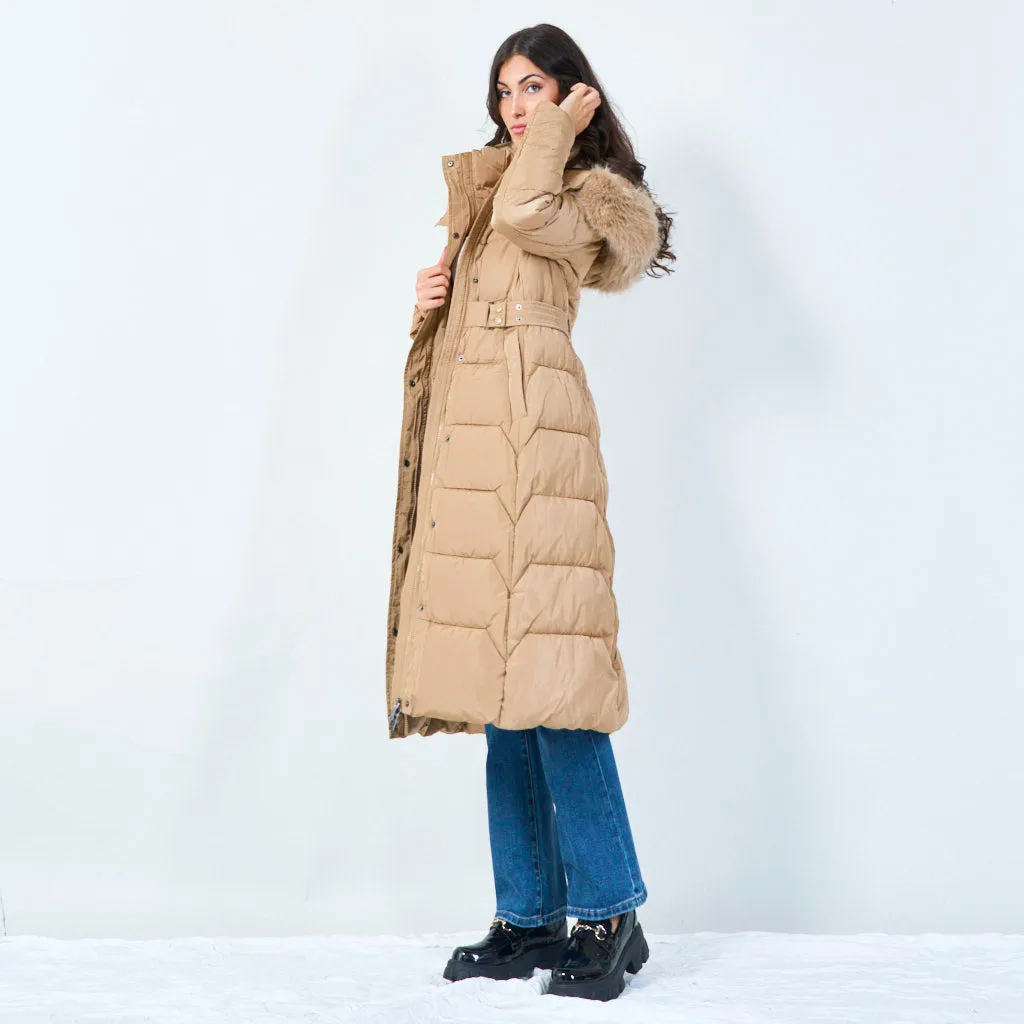 Belted long puffer coat with faux fur hood wholesale