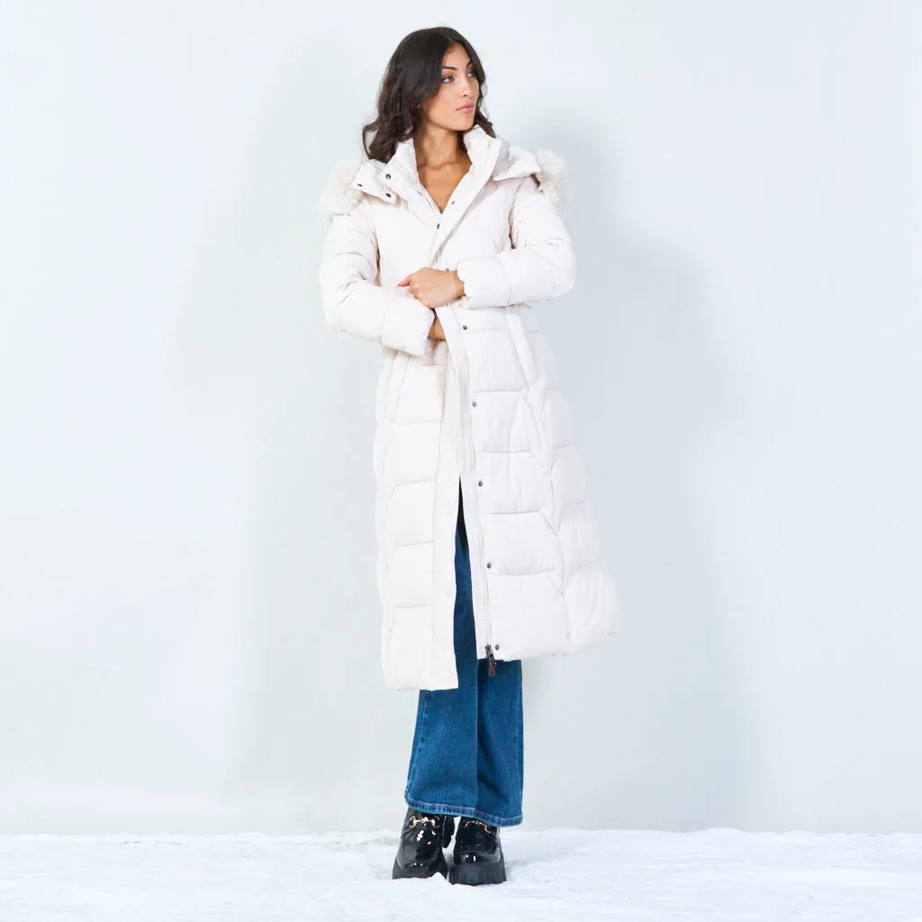 Belted long puffer coat with faux fur hood wholesale