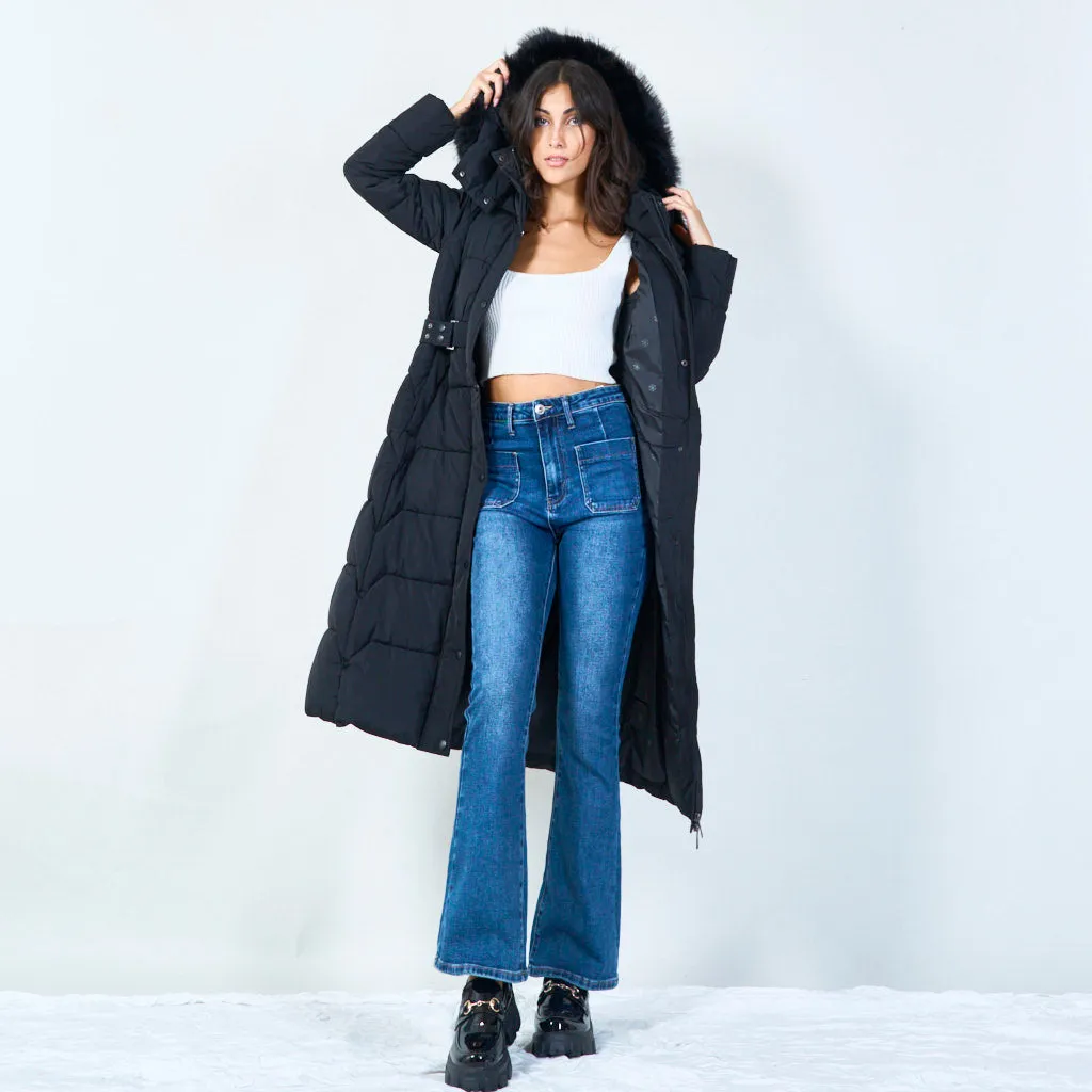 Belted long puffer coat with faux fur hood wholesale