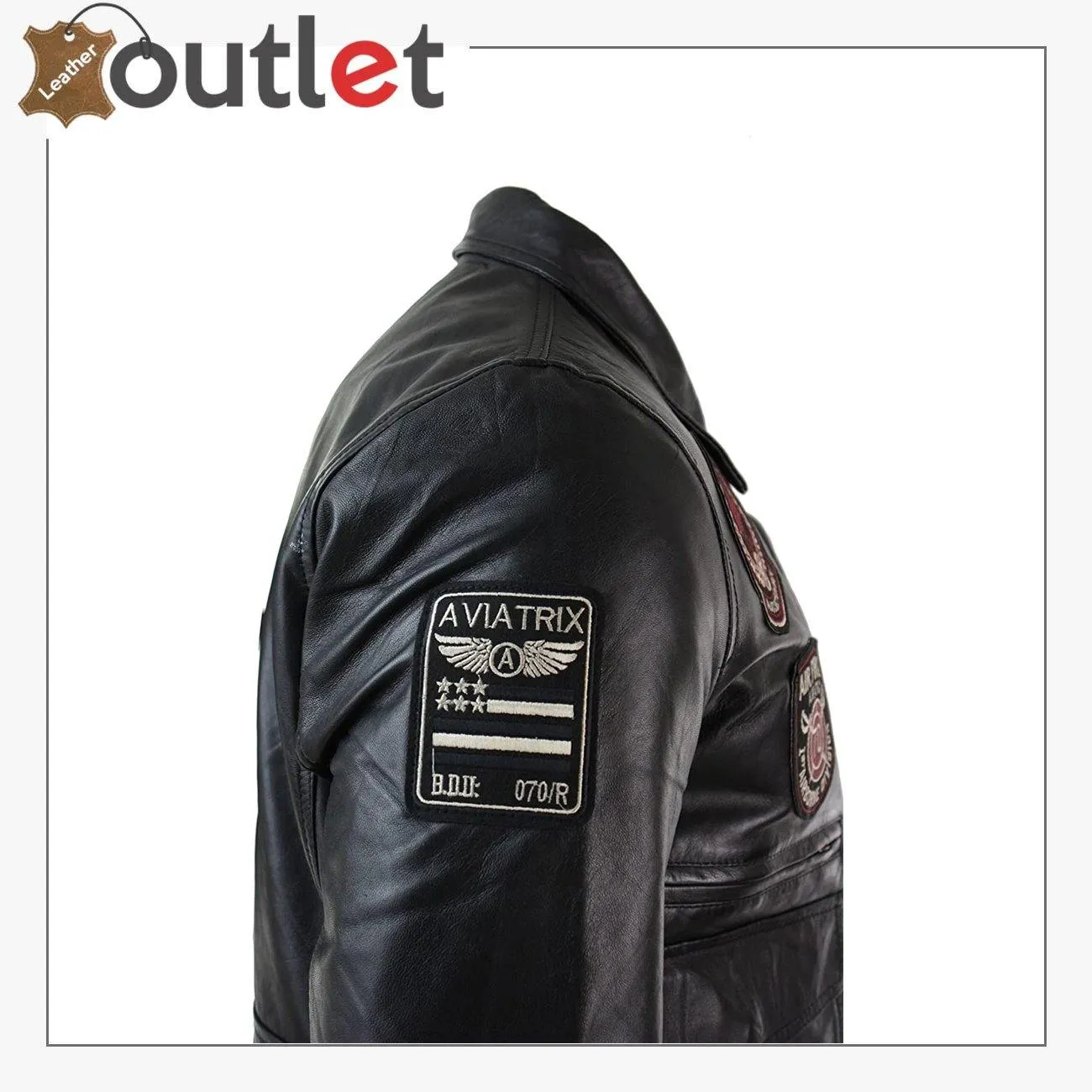 Black Mens Real Leather Bomber Badge Air Force Pilot Flying Jacket