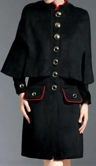 Black Single Breasted Wool Cape-Coat