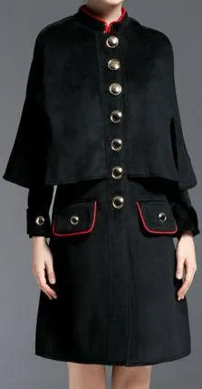 Black Single Breasted Wool Cape-Coat