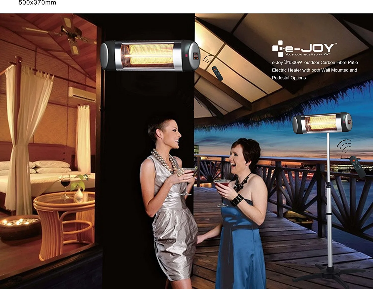 e-Joy Outdoor/Indoor Patio Heater with Remote and Offset Pole, For Wall Mounting or Free Standing, 1500W