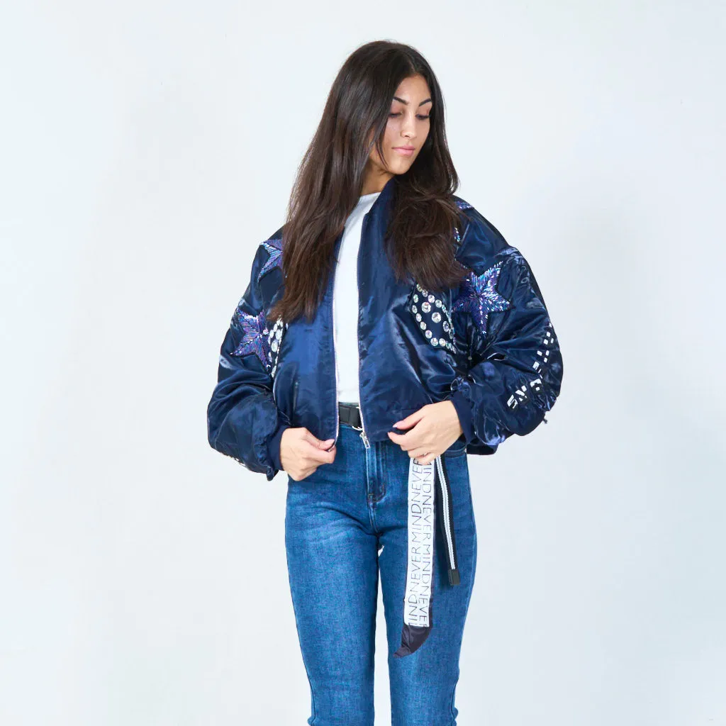 Embellished bomber jacket with zip closure wholesale