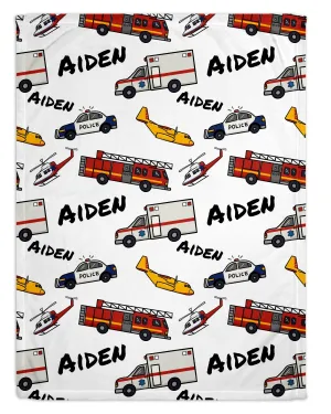 Emergency Vehicles Print Personalized Minky Blanket