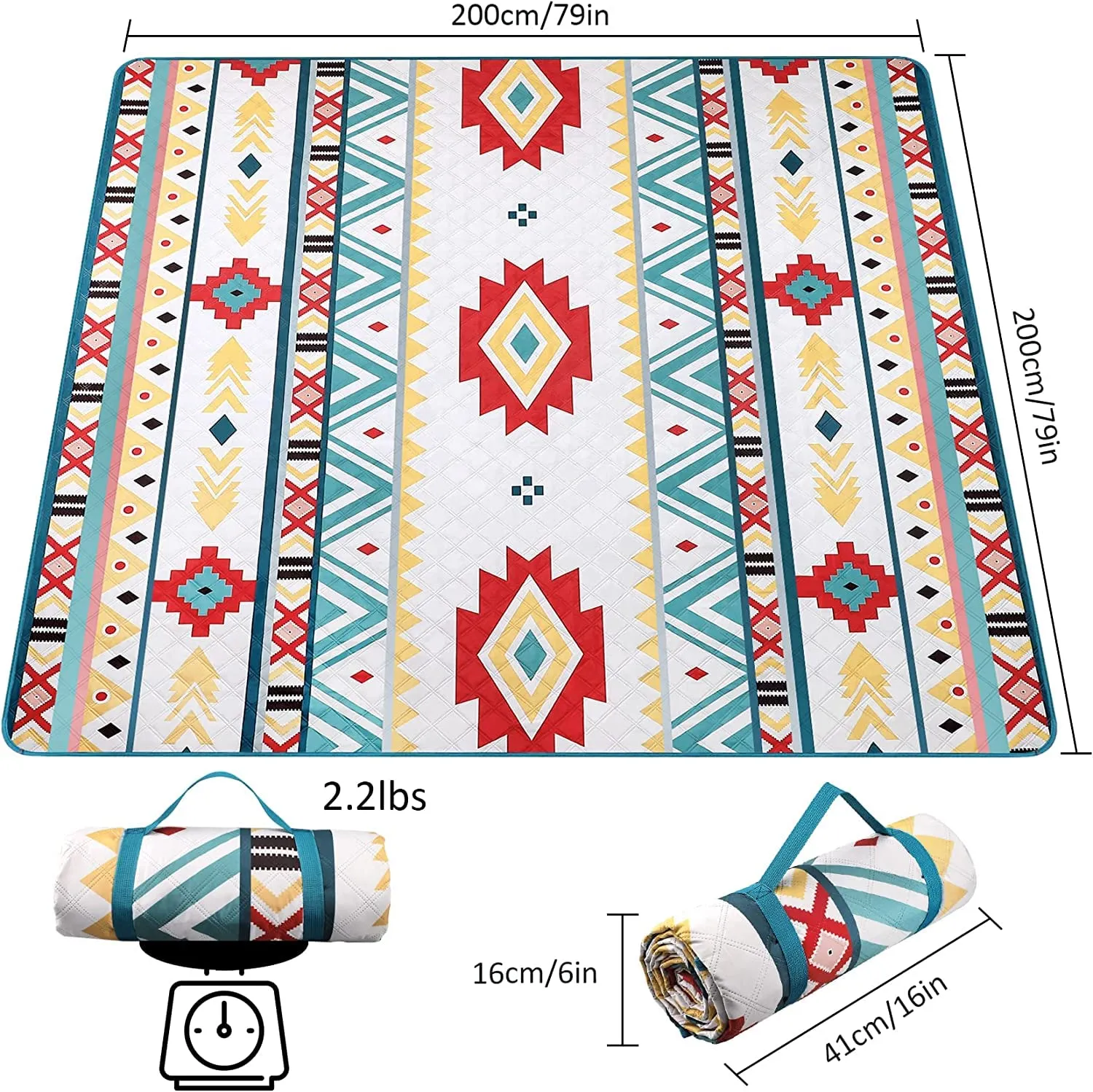 FabSeasons Extra Large Outdoor Picnic Blankets Waterproof, for The Beach, Camping Travelling on The Grass, Park Blanket, Rolling Up Packaging,Portable Carring, Picnic Mat - Brunei Style (Multicolour)