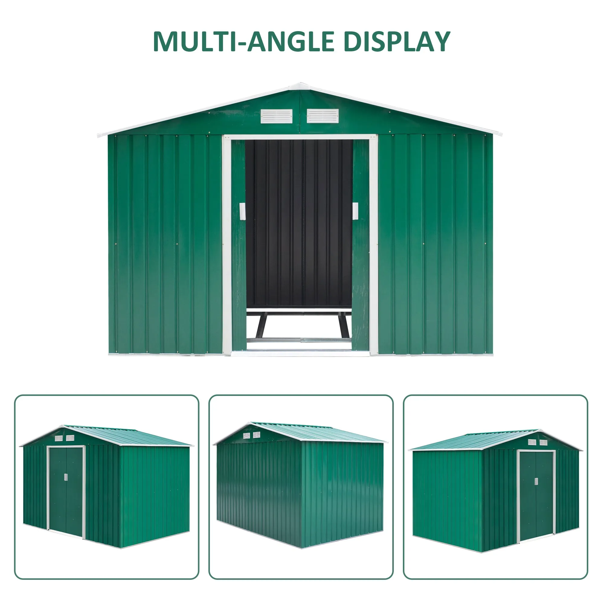 Lockable Garden Shed Large Patio Tool Metal Storage Building Foundation Sheds Box Outdoor Furniture (9 x 6 FT, Green)