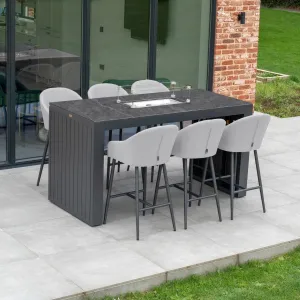 Luna 6 Seat Outdoor Fabric Ceramic Firepit Bar Set in Oyster Grey