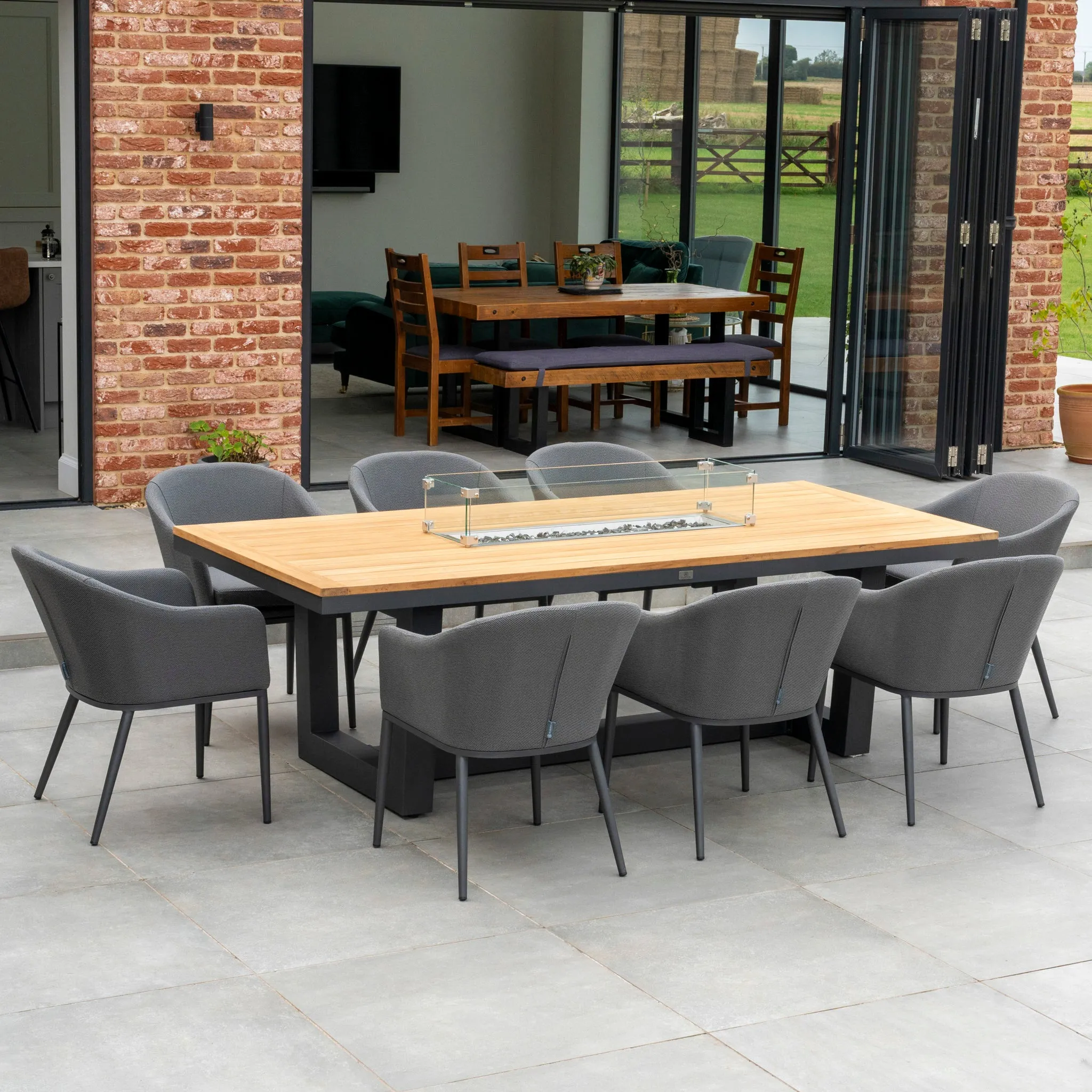 Luna 8 Seat Outdoor Fabric Rectangular Teak Firepit Dining Set in Grey