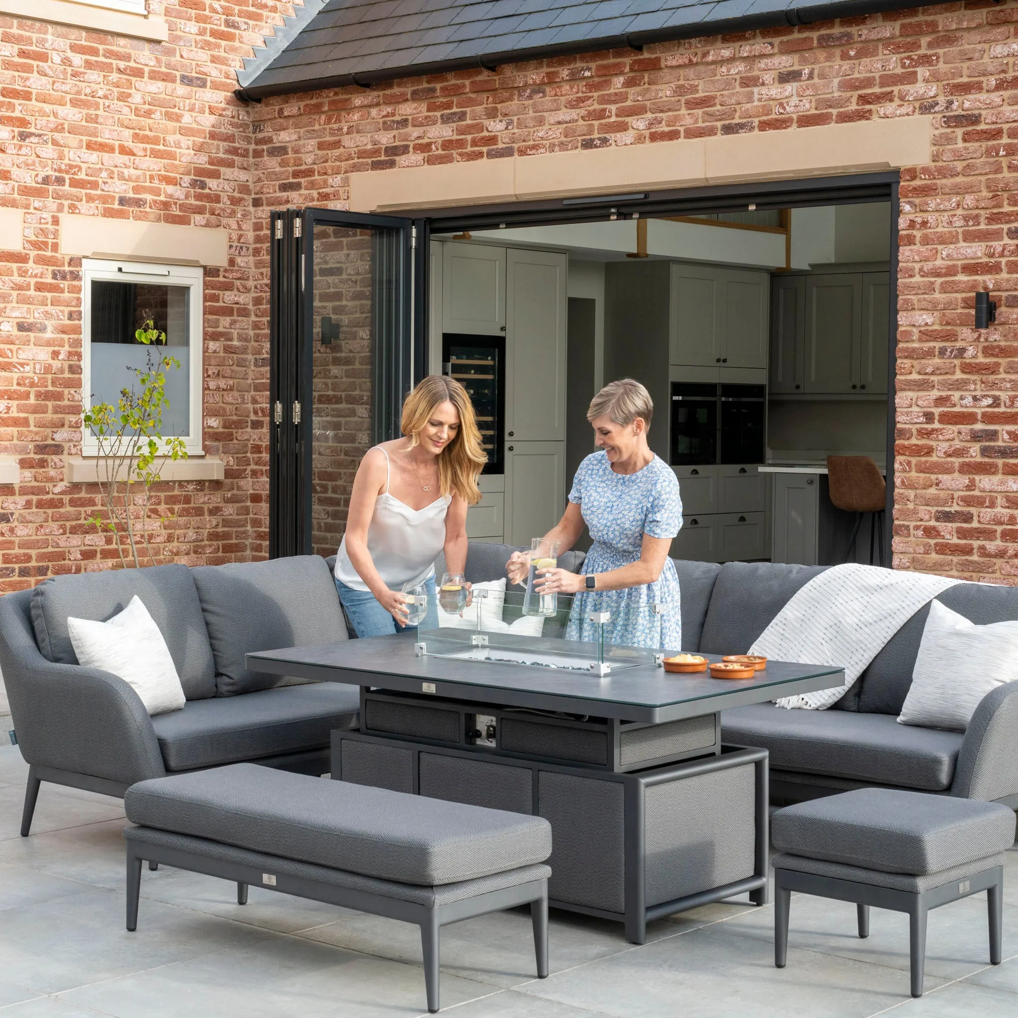 Luna Outdoor Fabric Rectangular Corner Dining Set with Rising Firepit Table in Grey (Left Hand)