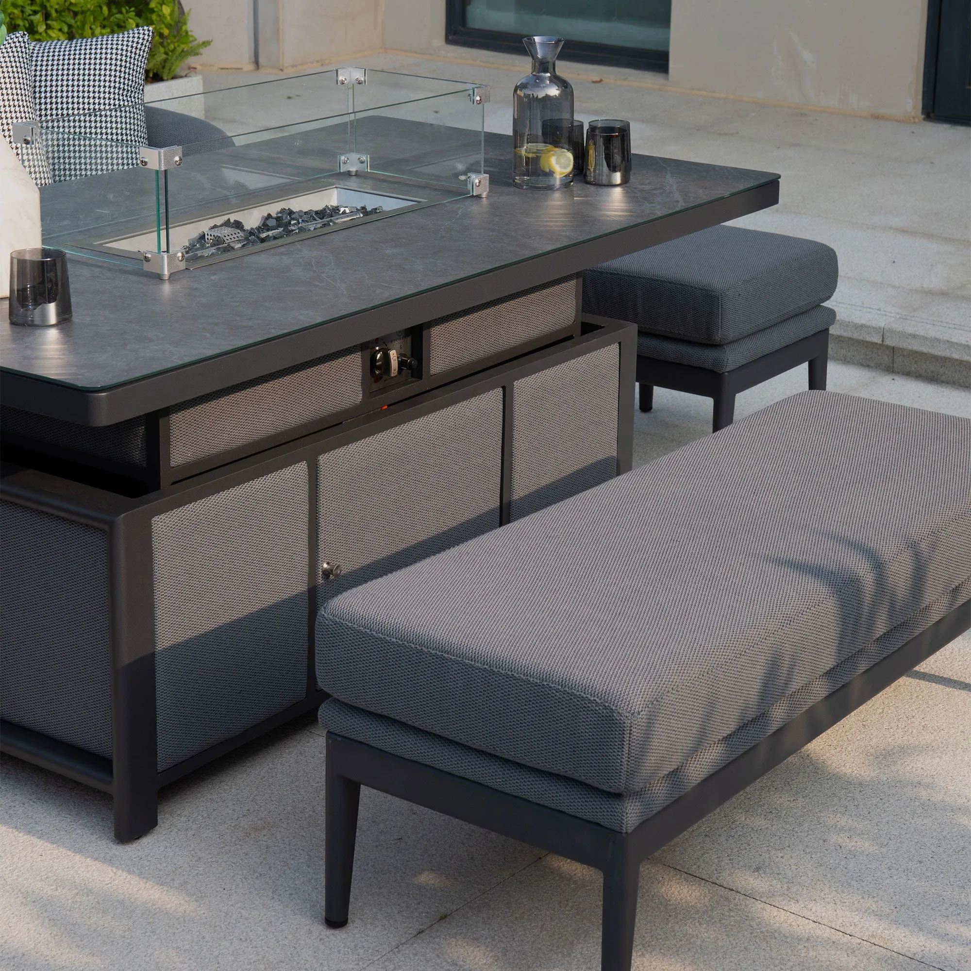 Luna Outdoor Fabric Rectangular Corner Dining Set with Rising Firepit Table in Grey (Left Hand)