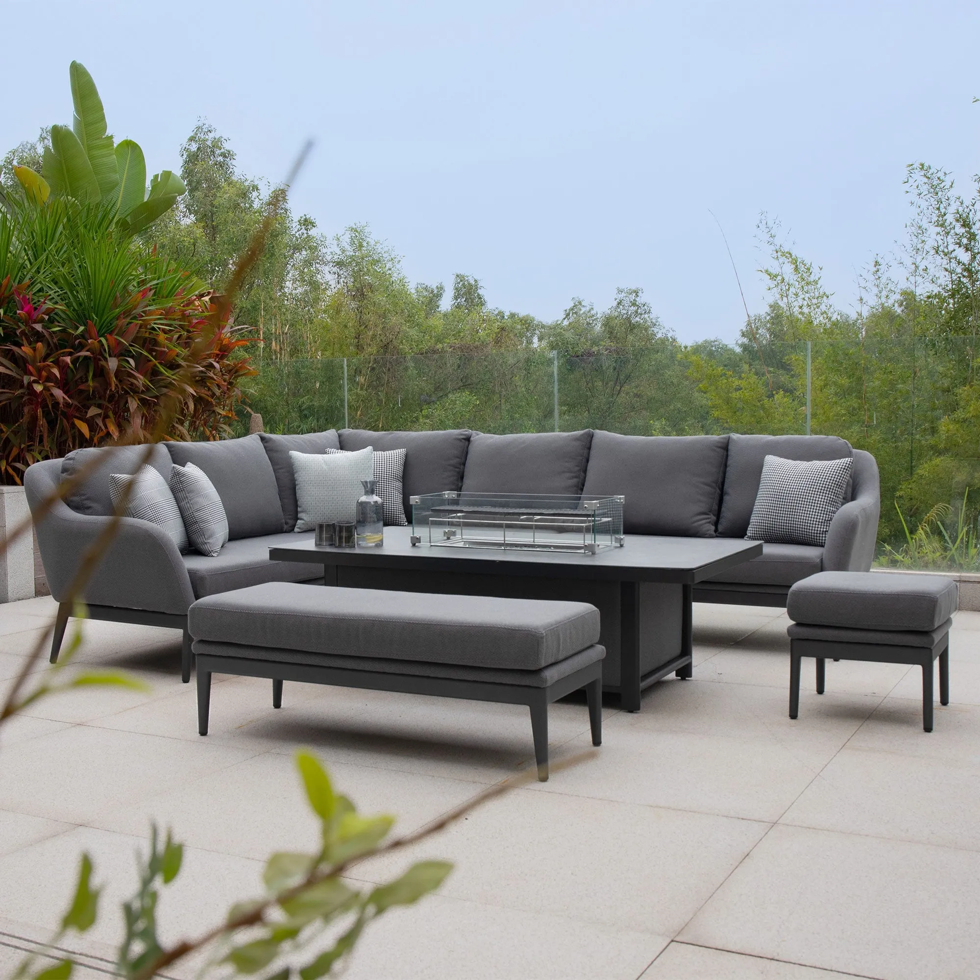 Luna Outdoor Fabric Rectangular Corner Dining Set with Rising Firepit Table in Grey (Left Hand)