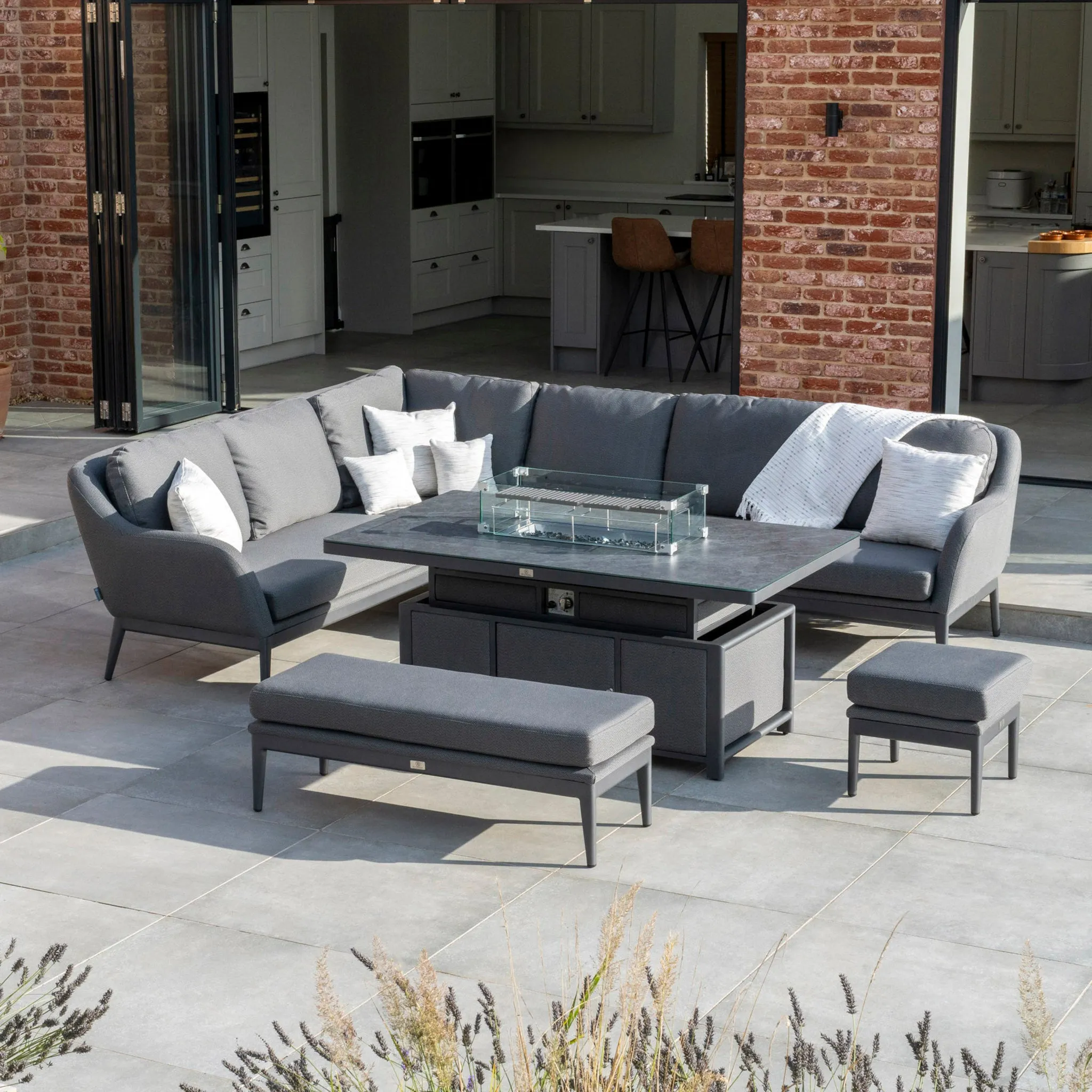 Luna Outdoor Fabric Rectangular Corner Dining Set with Rising Firepit Table in Grey (Left Hand)