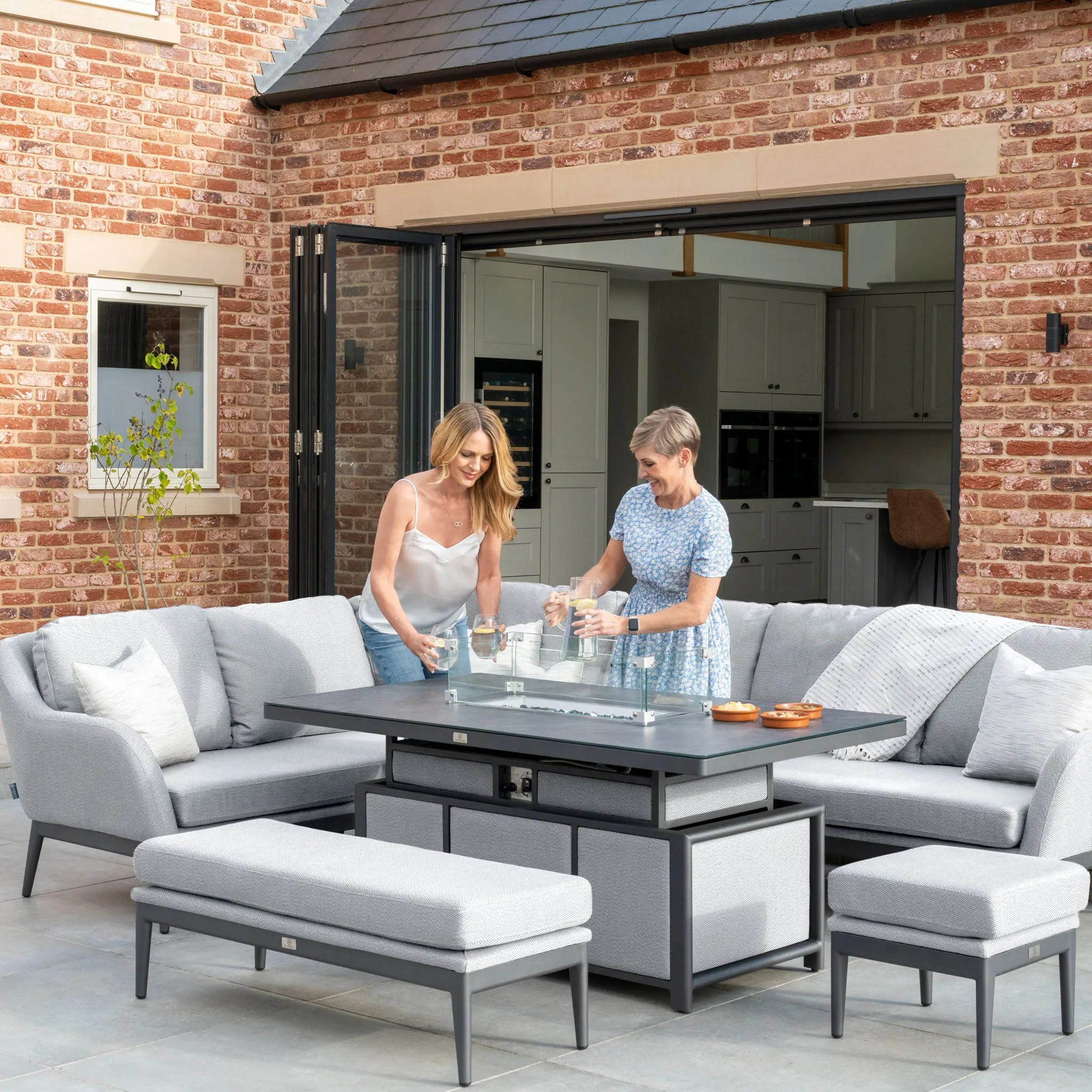 Luna Outdoor Fabric Rectangular Corner Dining Set with Rising Firepit Table in Oyster Grey (Left Hand)