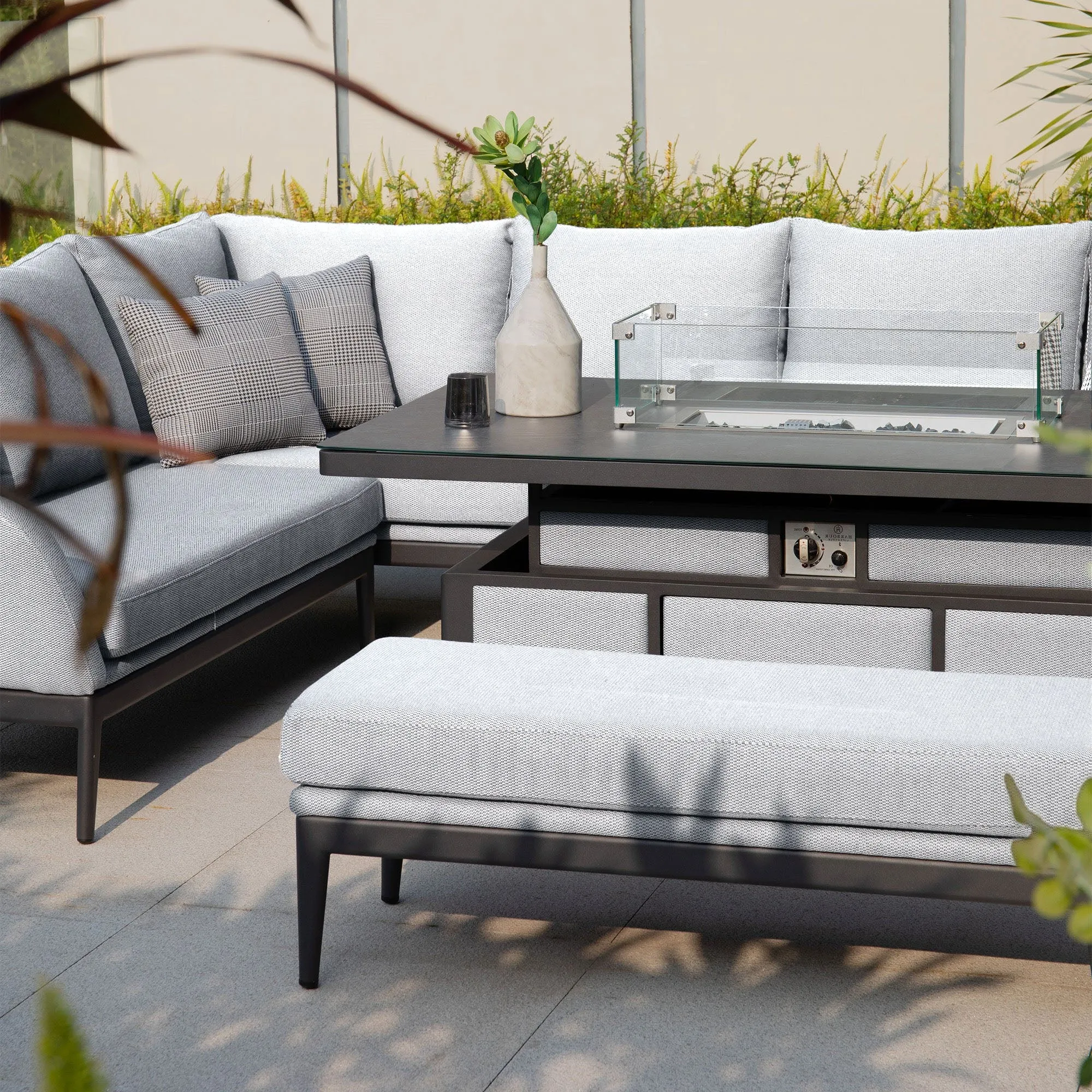 Luna Outdoor Fabric Rectangular Corner Dining Set with Rising Firepit Table in Oyster Grey (Left Hand)