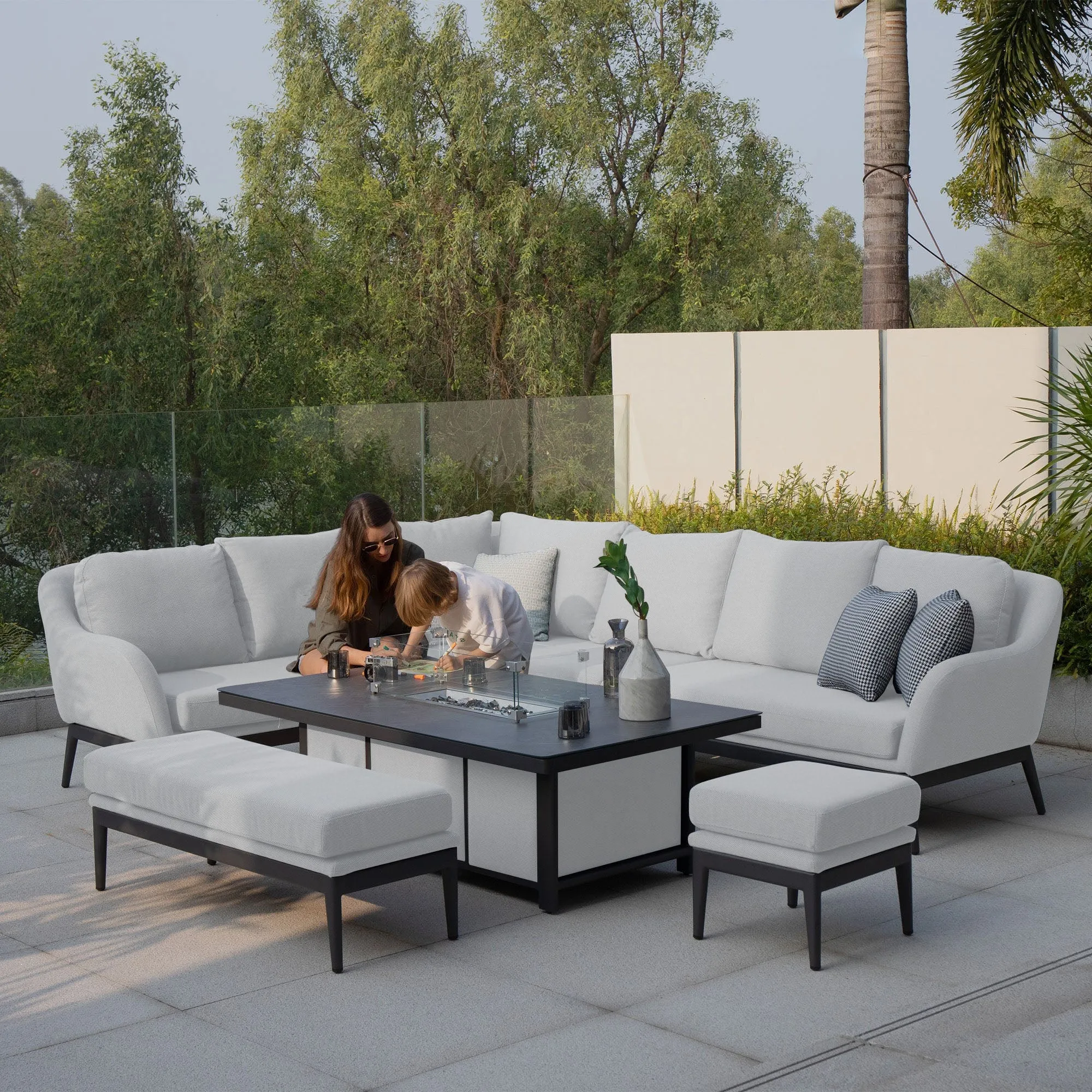 Luna Outdoor Fabric Rectangular Corner Dining Set with Rising Firepit Table in Oyster Grey (Left Hand)