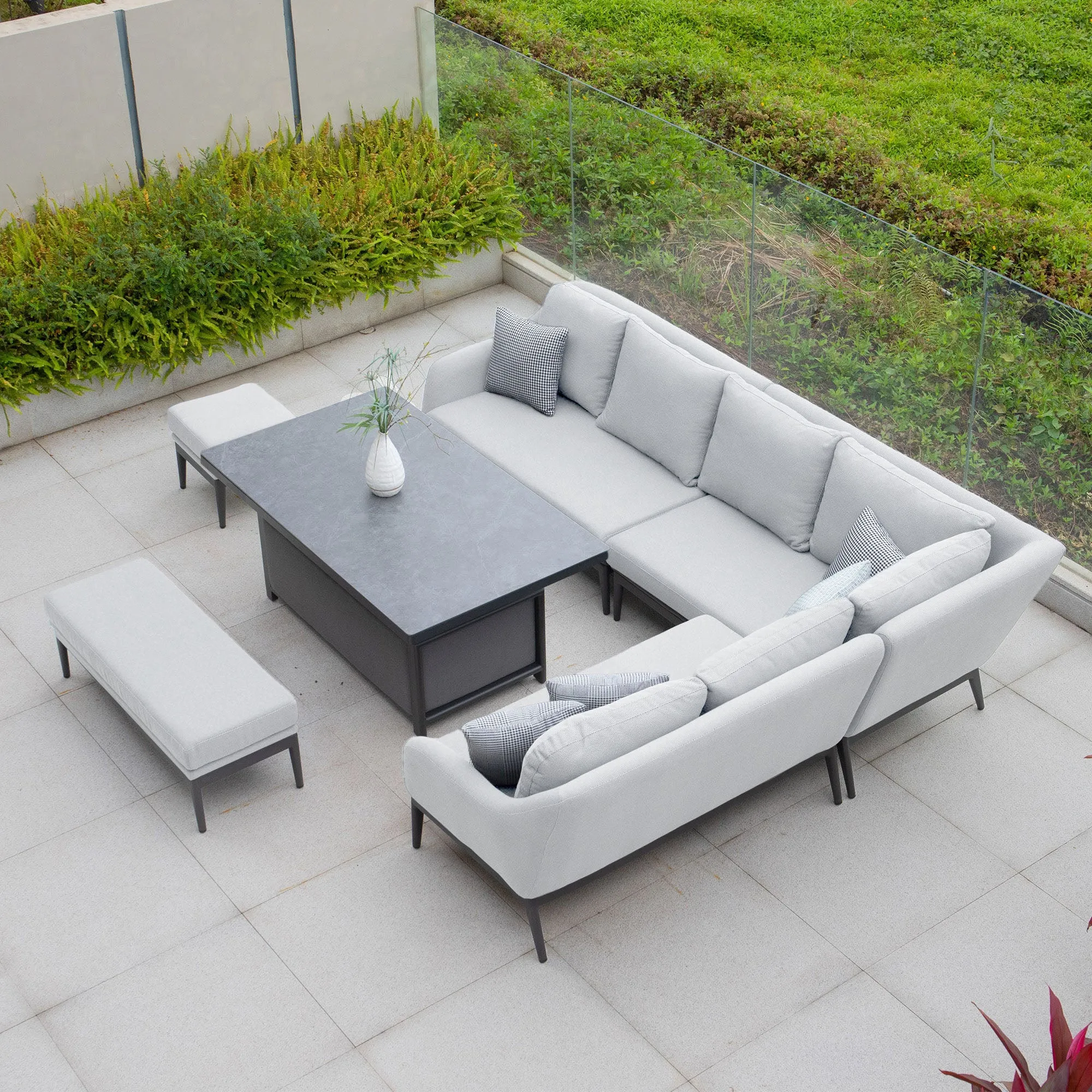 Luna Outdoor Fabric Rectangular Corner Dining Set with Rising Table in Oyster Grey (Right Hand)