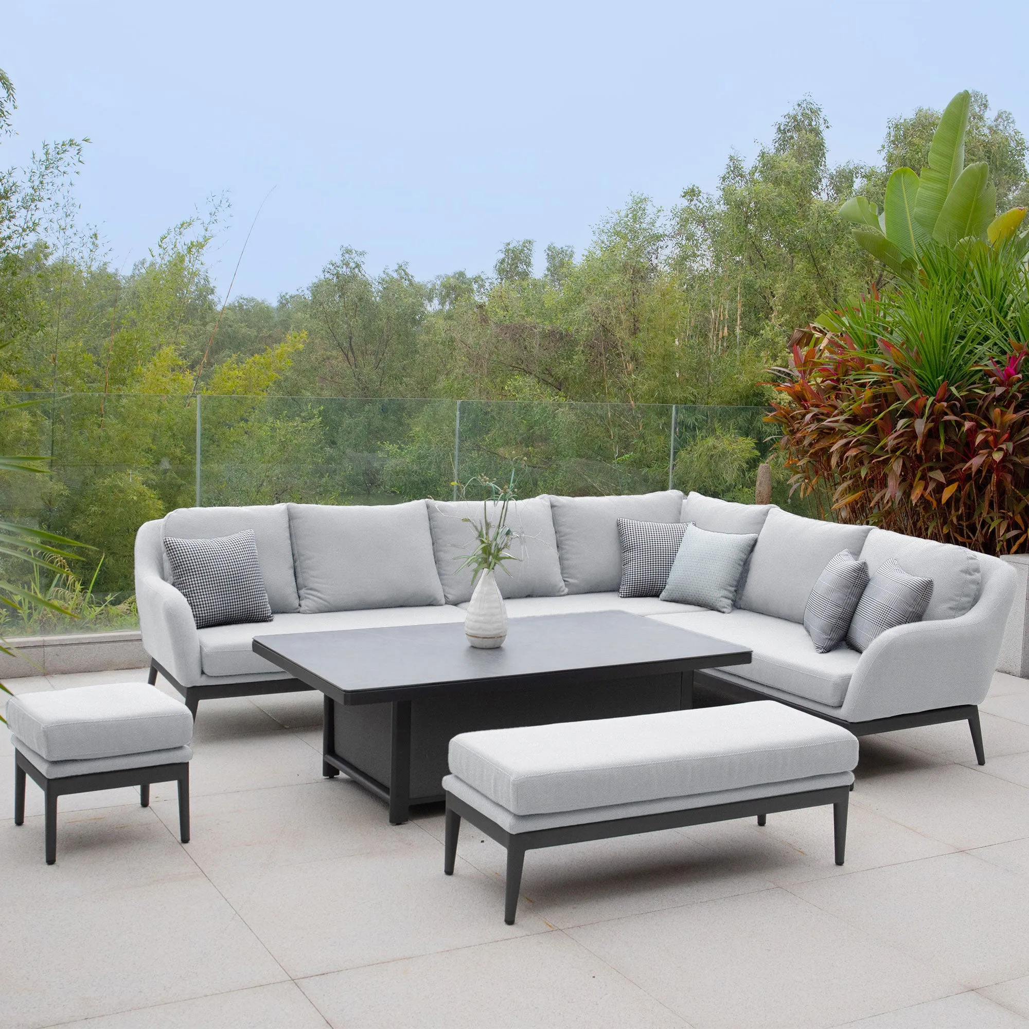 Luna Outdoor Fabric Rectangular Corner Dining Set with Rising Table in Oyster Grey (Right Hand)