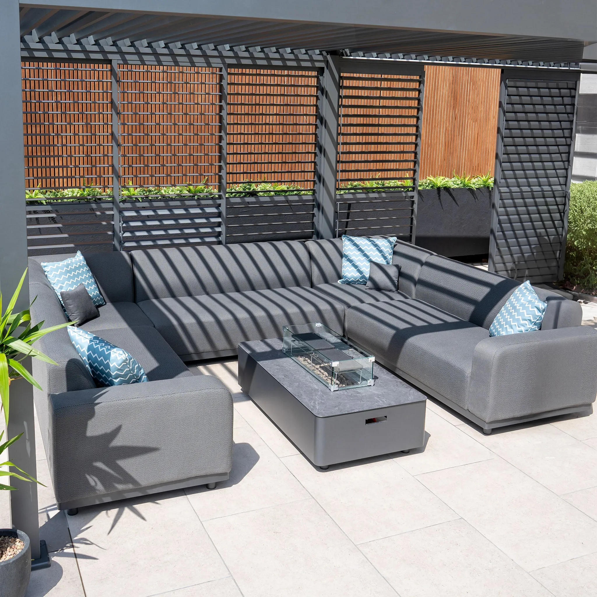 Luna U-Shape Outdoor Fabric Sofa Set with Firepit Coffee Table in Grey