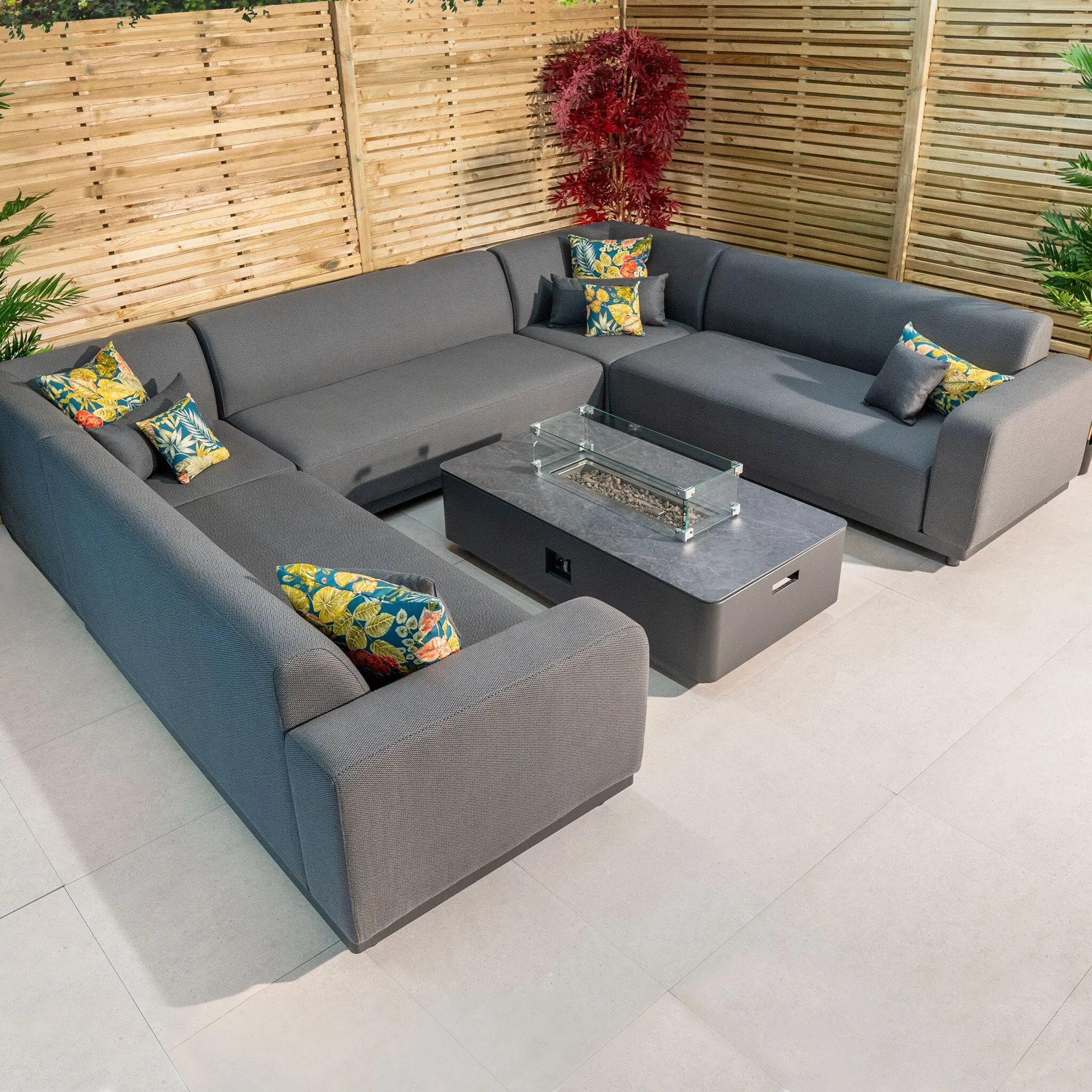 Luna U-Shape Outdoor Fabric Sofa Set with Firepit Coffee Table in Grey