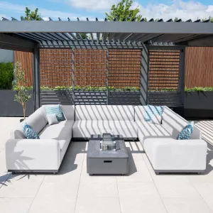 Luna U-Shape Outdoor Fabric Sofa Set with Firepit Coffee Table in Oyster Grey