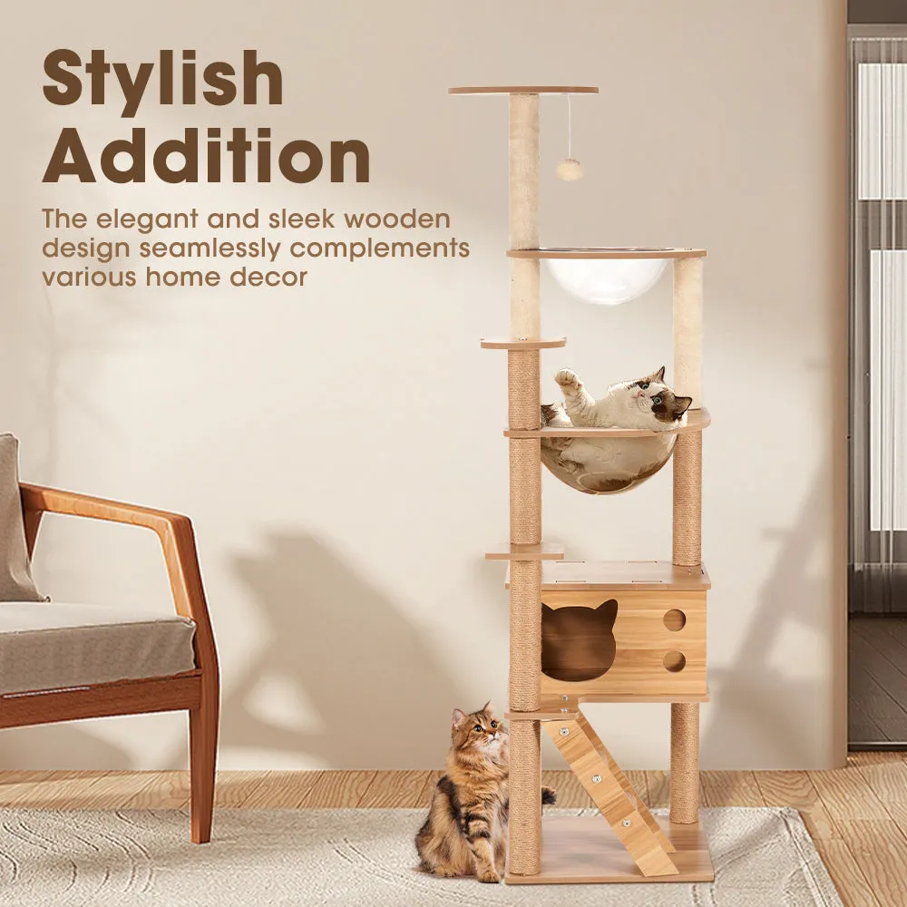 Petzly Wooden Cat Tree Tower Scratching Post Scratcher Condo House Bed 143/150cm