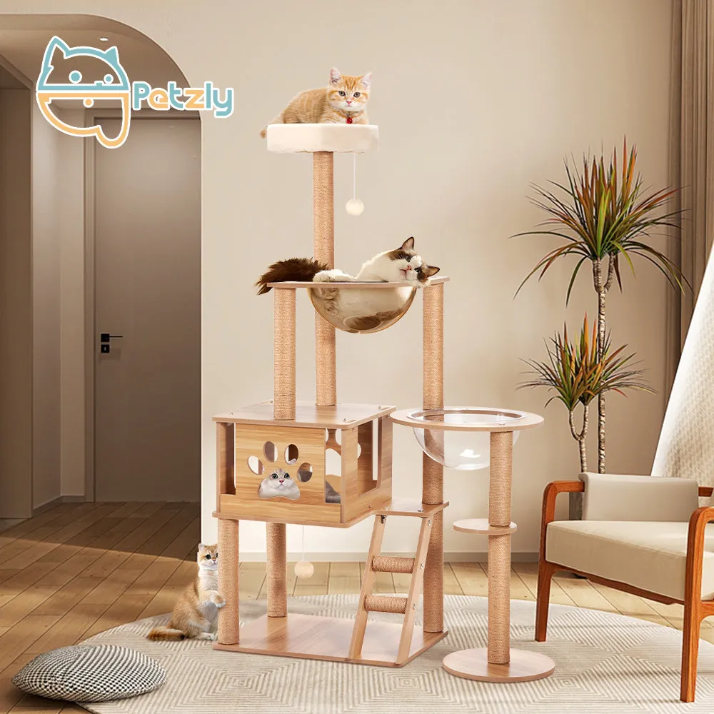 Petzly Wooden Cat Tree Tower Scratching Post Scratcher Condo House Bed 143/150cm