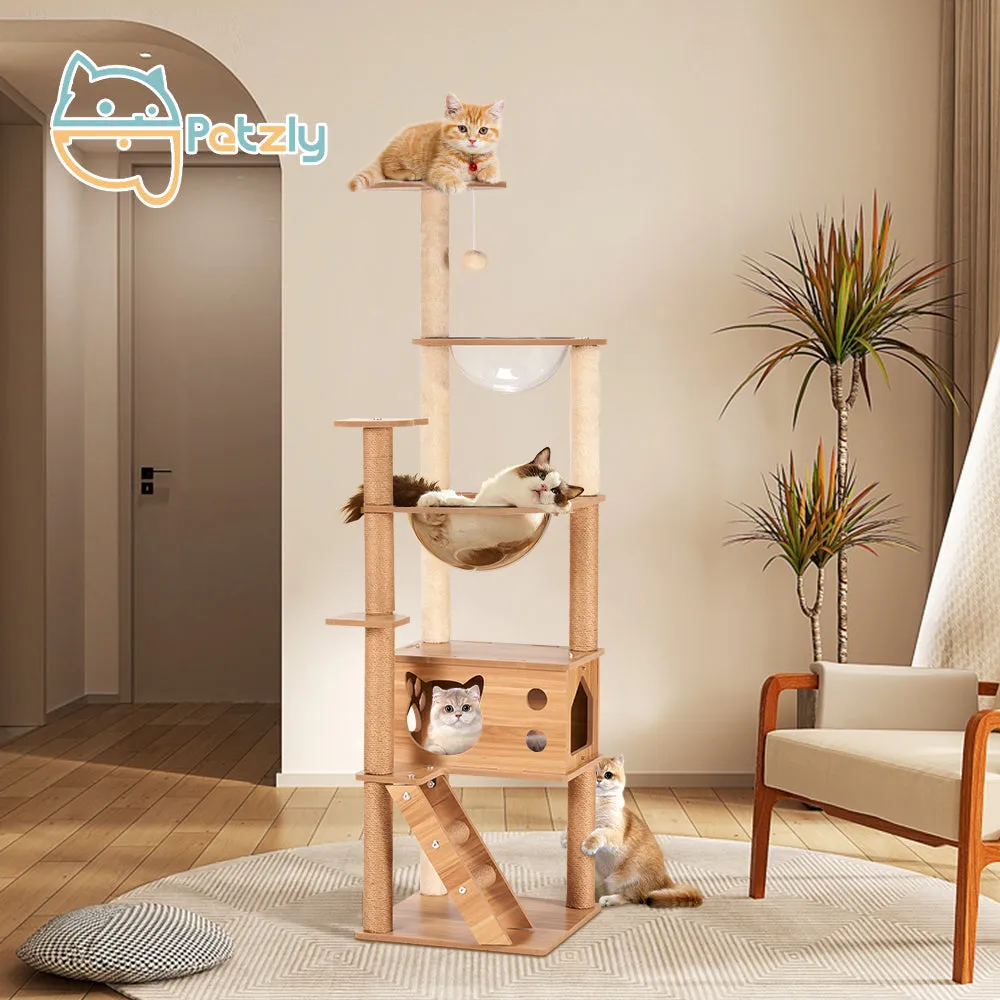 Petzly Wooden Cat Tree Tower Scratching Post Scratcher Condo House Bed 143/150cm