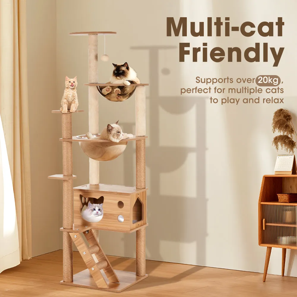 Petzly Wooden Cat Tree Tower Scratching Post Scratcher Condo House Bed 143/150cm