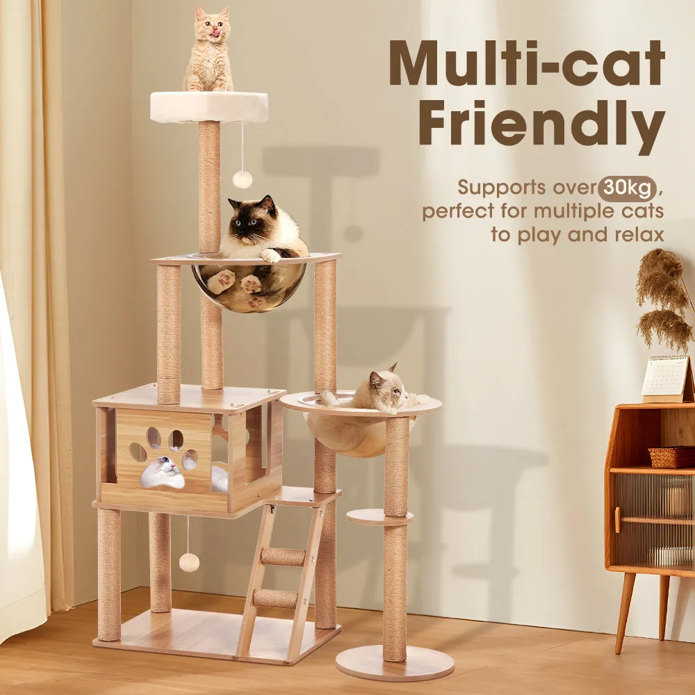 Petzly Wooden Cat Tree Tower Scratching Post Scratcher Condo House Bed 143/150cm