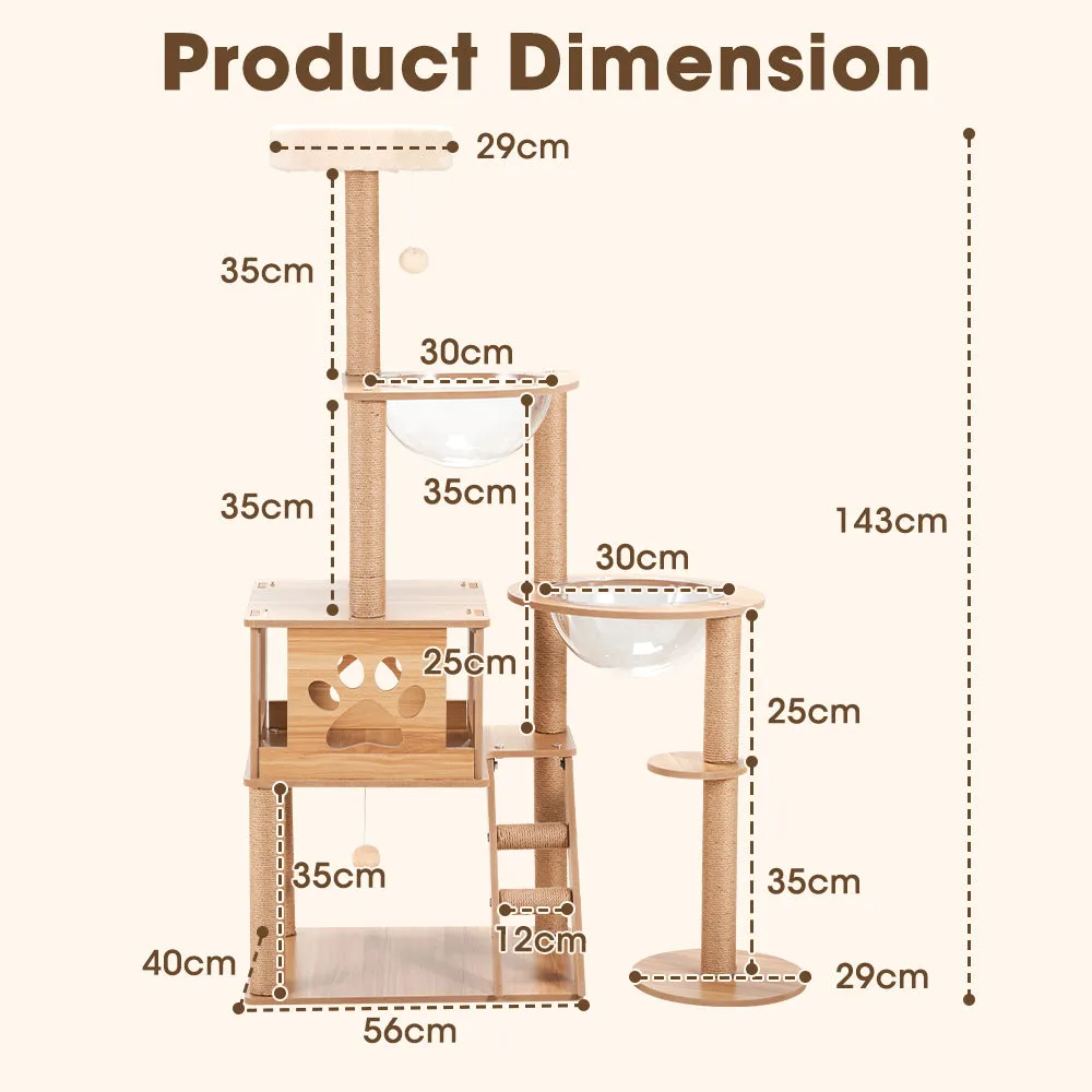 Petzly Wooden Cat Tree Tower Scratching Post Scratcher Condo House Bed 143cm