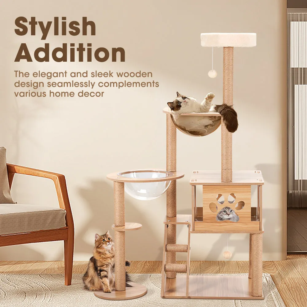 Petzly Wooden Cat Tree Tower Scratching Post Scratcher Condo House Bed 143cm