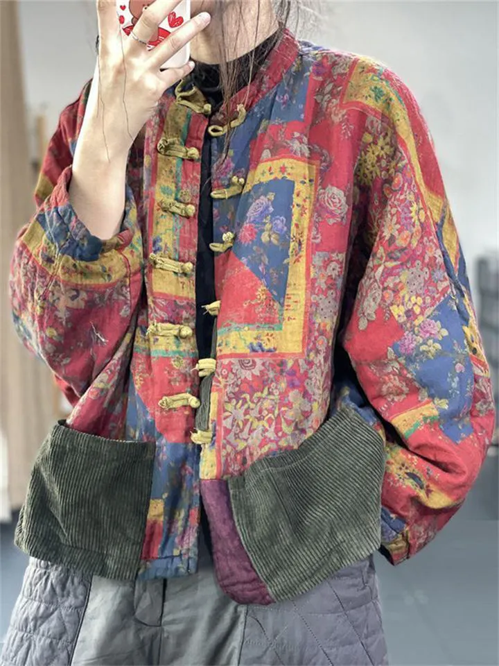 Retro Asian Style Knot Button Cotton Coat for Women