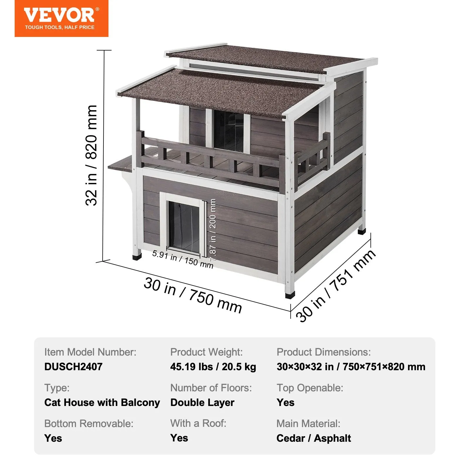 Vevor Outdoor Cat Shelter 2-Story Wooden House with Balcony & Roof New